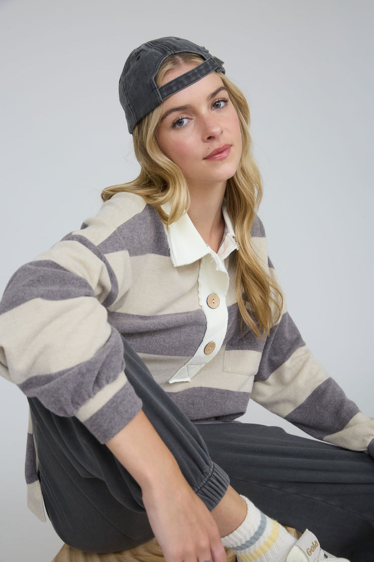 WASHED STRIPE CONTRAST COLLAR LONG SLEEVE KNIT TOP (PRE-ORDER)