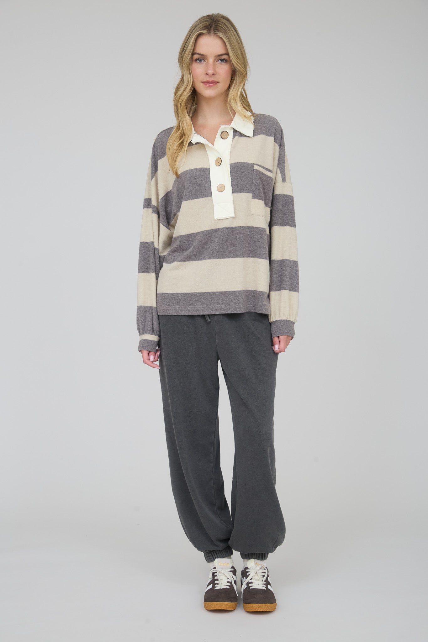 WASHED STRIPE CONTRAST COLLAR LONG SLEEVE KNIT TOP (PRE-ORDER)