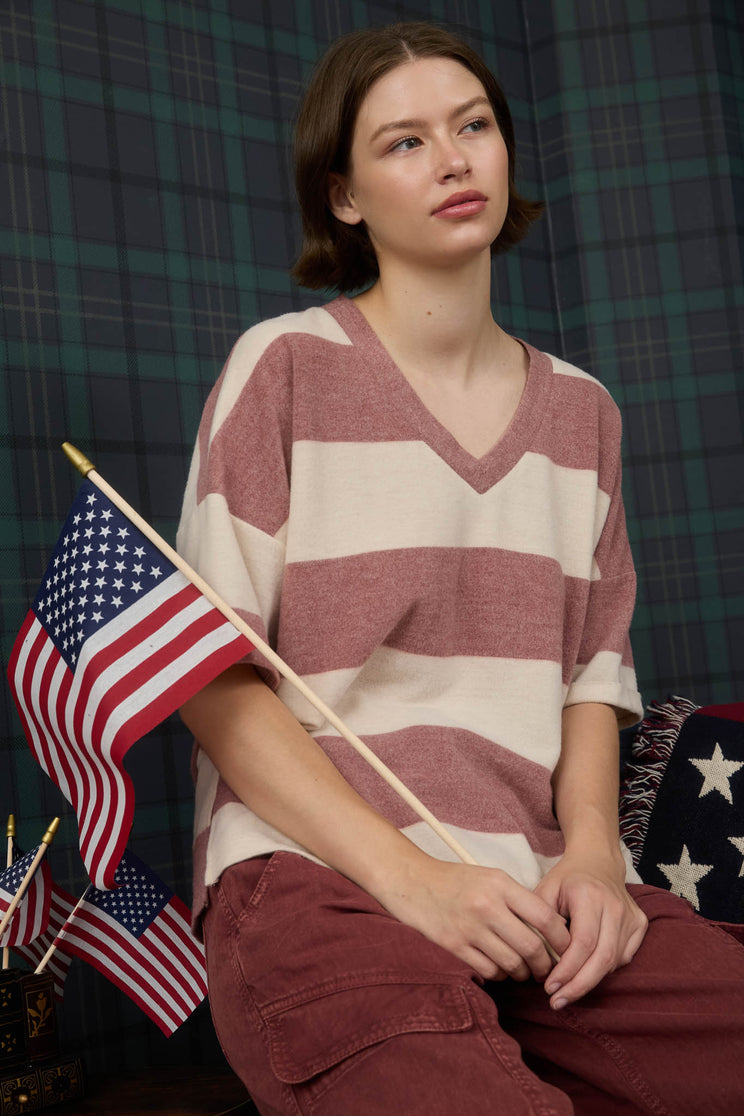 WASHED STRIPE SHORT SLEEVE KNIT TOP (PRE-ORDER)