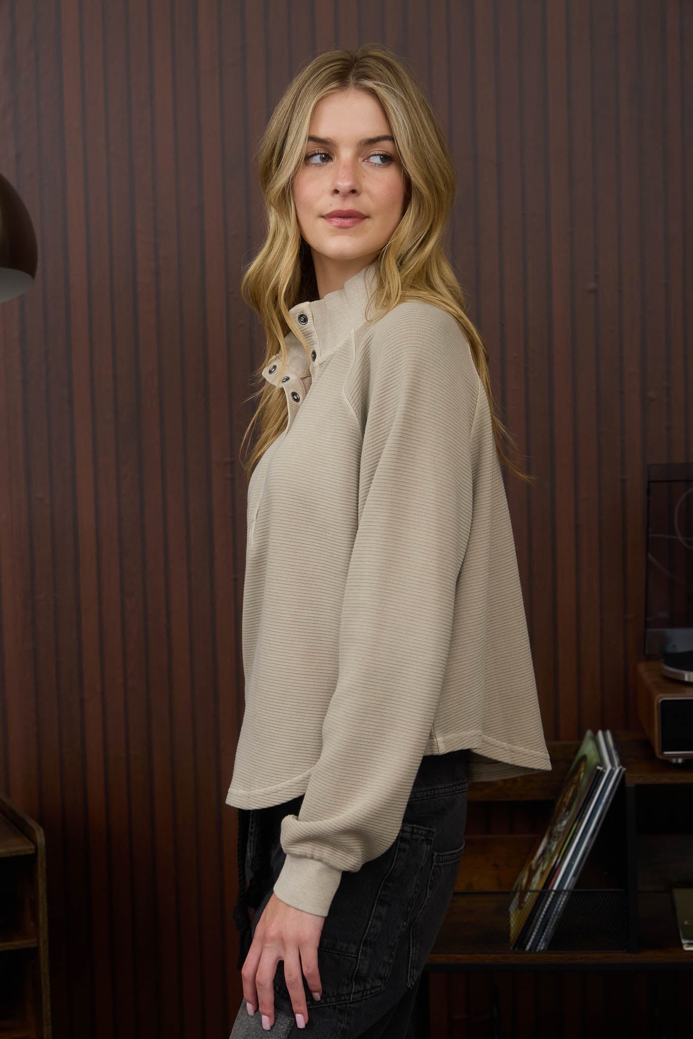MOCK NECK HALF SNAP BUTTON LONG SLEEVE KNIT OP
