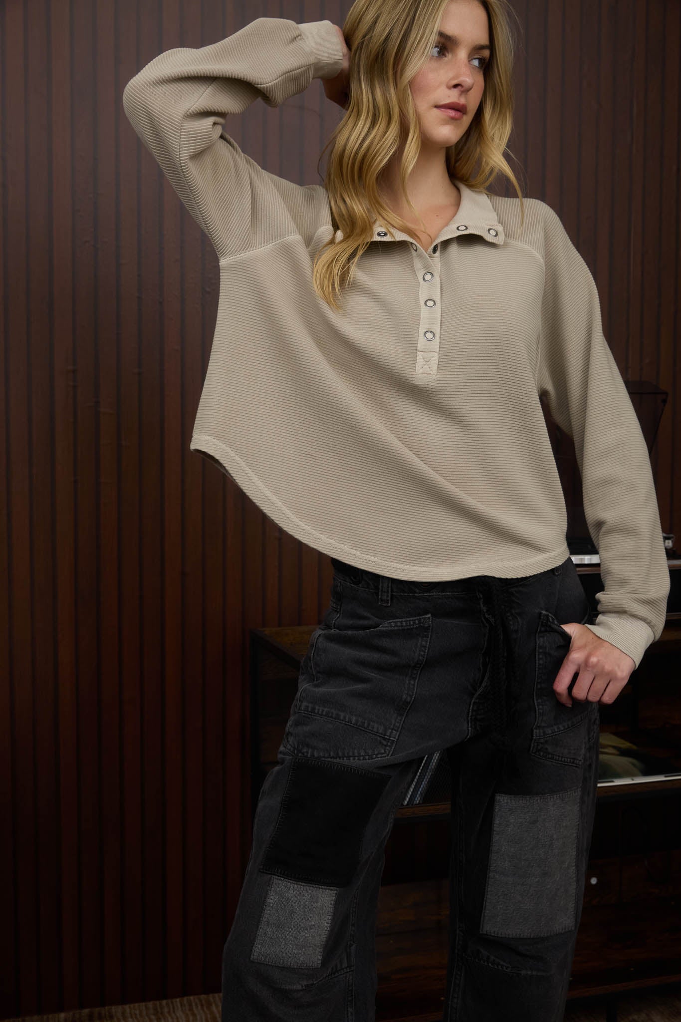 MOCK NECK HALF SNAP BUTTON LONG SLEEVE KNIT OP