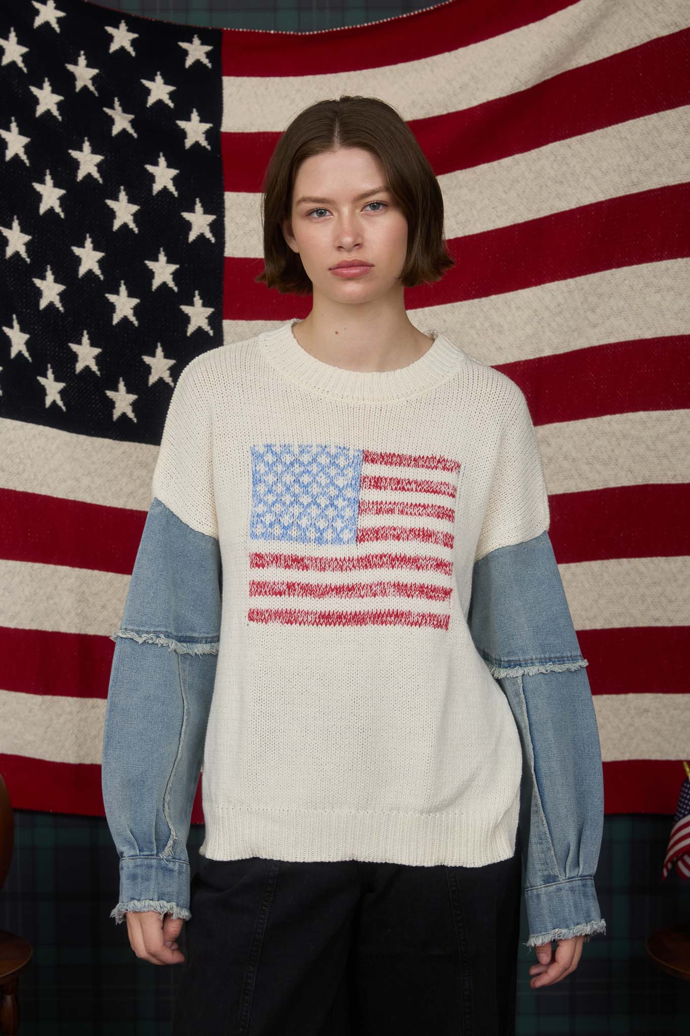 AMERICAN FLAG DISTRESSED DENIM SLEEVE KNIT SWEATER (PRE-ORDER)