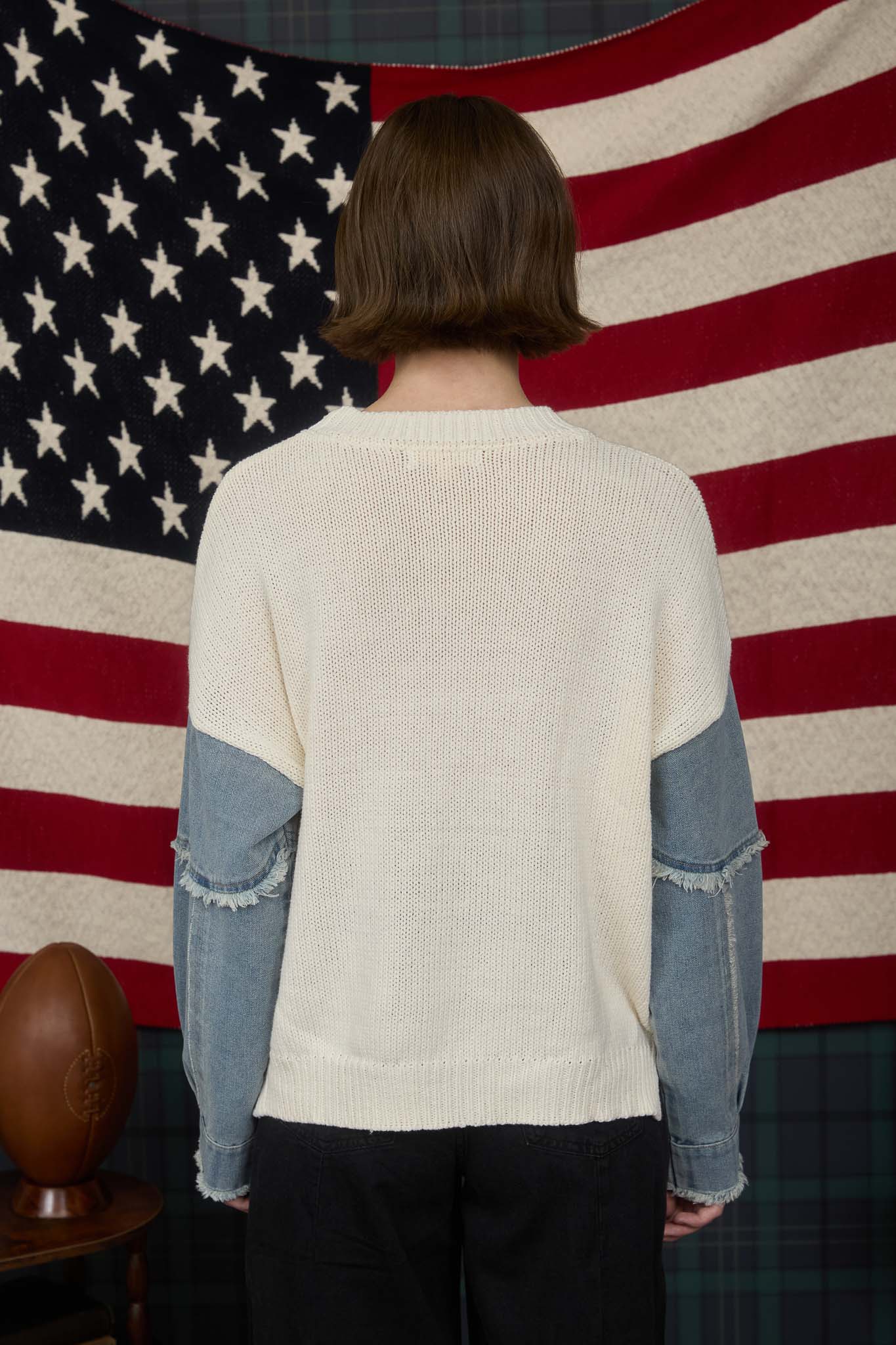 AMERICAN FLAG DISTRESSED DENIM SLEEVE KNIT SWEATER (PRE-ORDER)