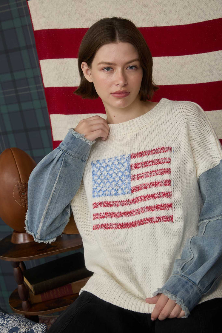 AMERICAN FLAG DISTRESSED DENIM SLEEVE KNIT SWEATER (PRE-ORDER)