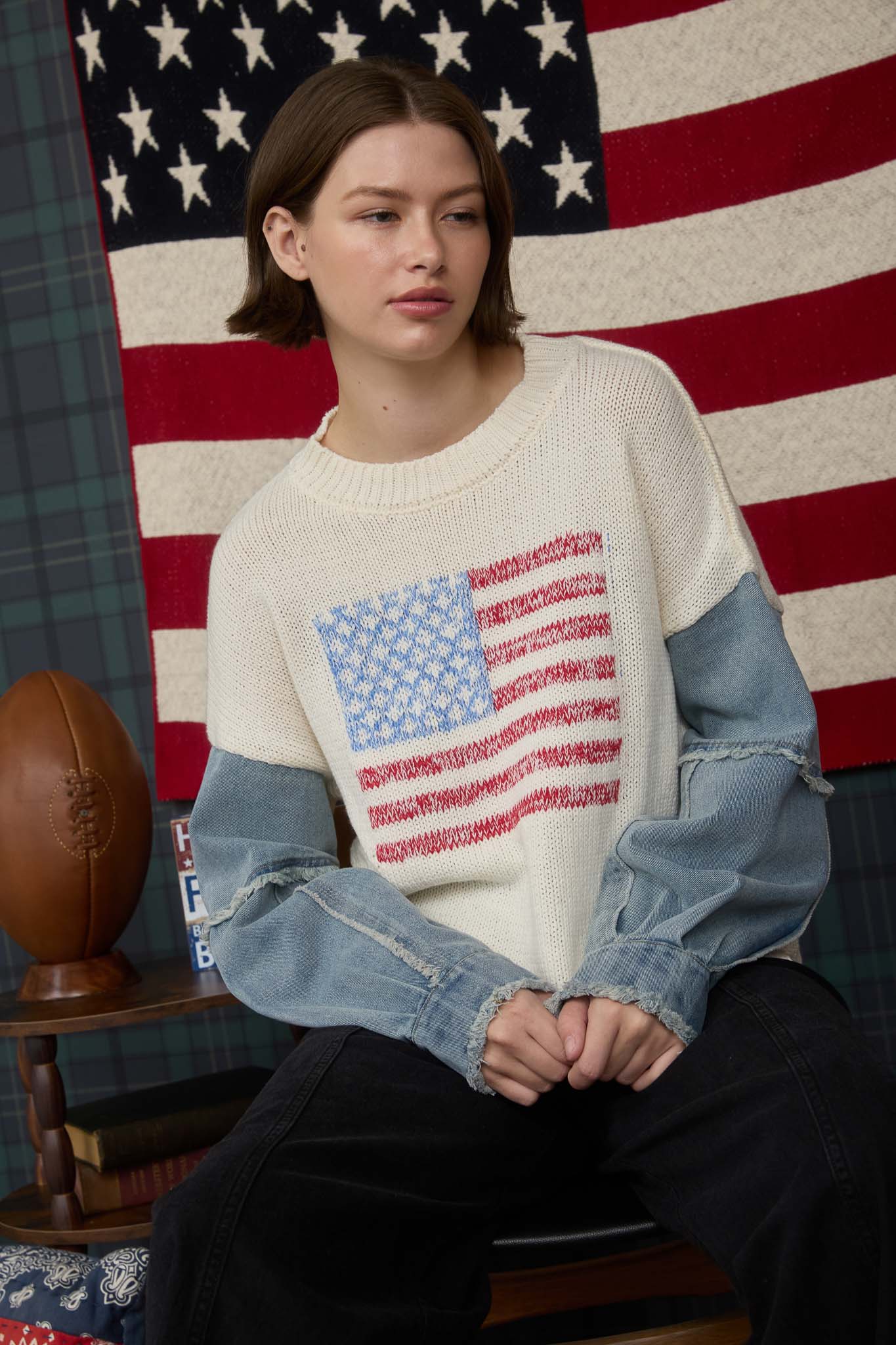 AMERICAN FLAG DISTRESSED DENIM SLEEVE KNIT SWEATER (PRE-ORDER)
