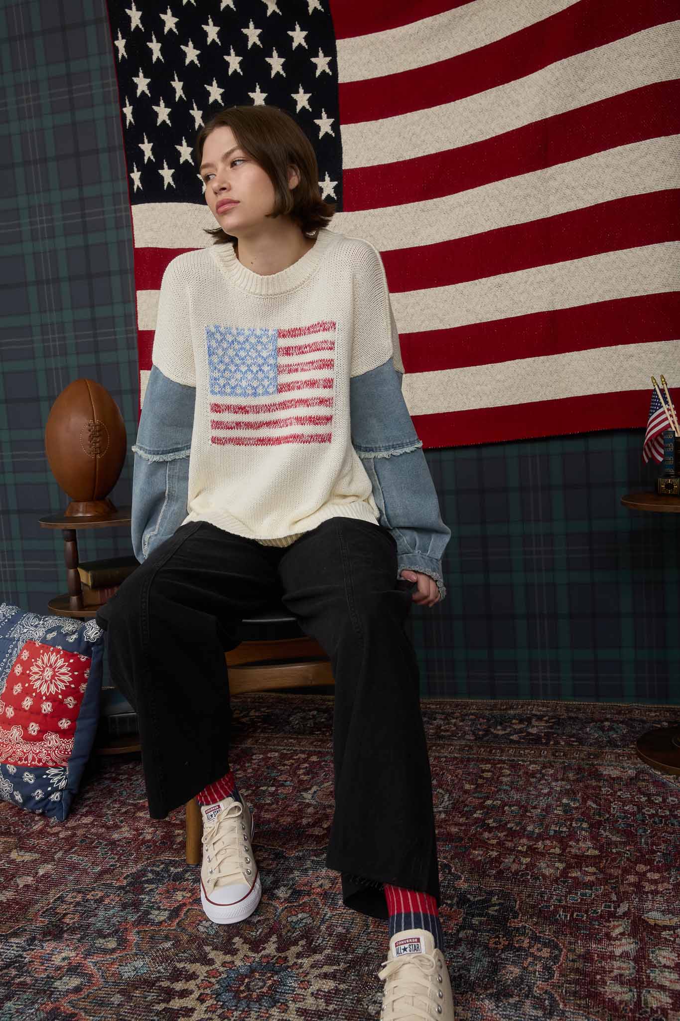 AMERICAN FLAG DISTRESSED DENIM SLEEVE KNIT SWEATER (PRE-ORDER)