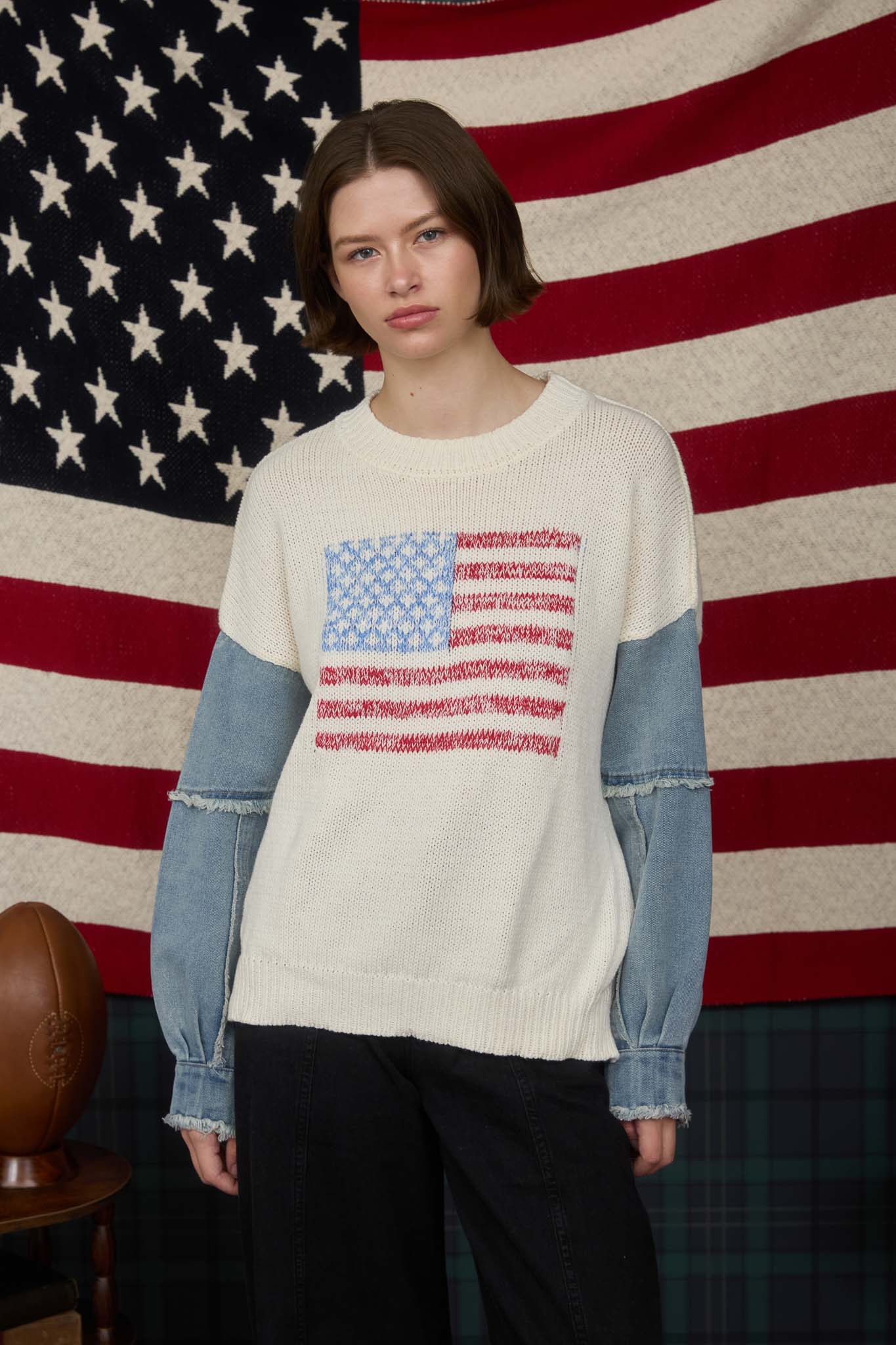 AMERICAN FLAG DISTRESSED DENIM SLEEVE KNIT SWEATER (PRE-ORDER)