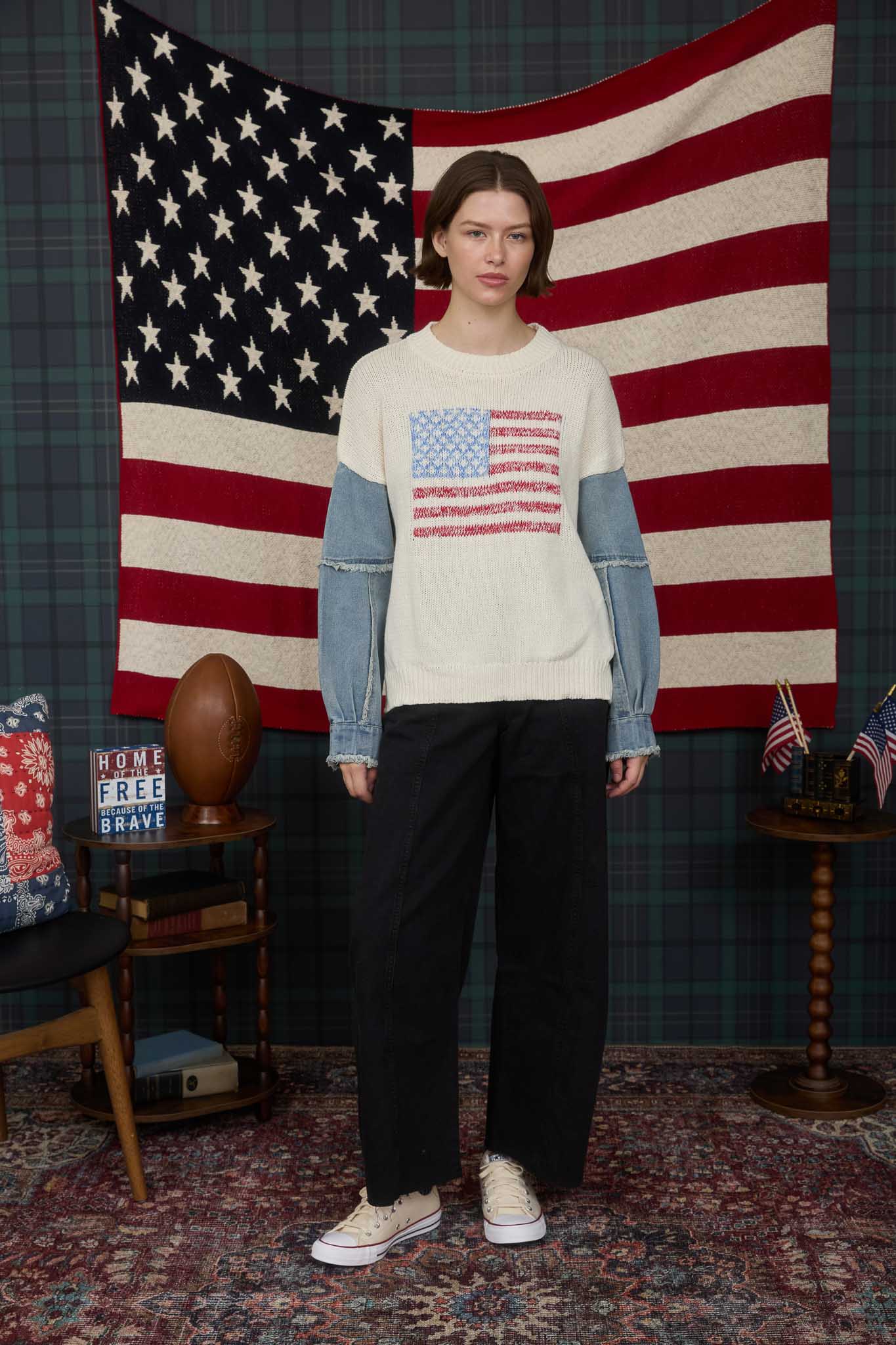 AMERICAN FLAG DISTRESSED DENIM SLEEVE KNIT SWEATER (PRE-ORDER)