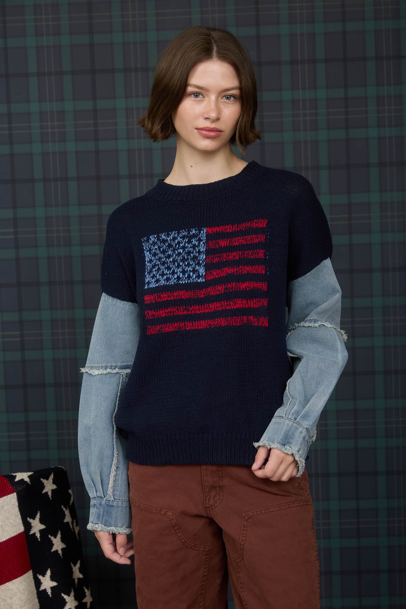 AMERICAN FLAG DISTRESSED DENIM SLEEVE KNIT SWEATER (PRE-ORDER)