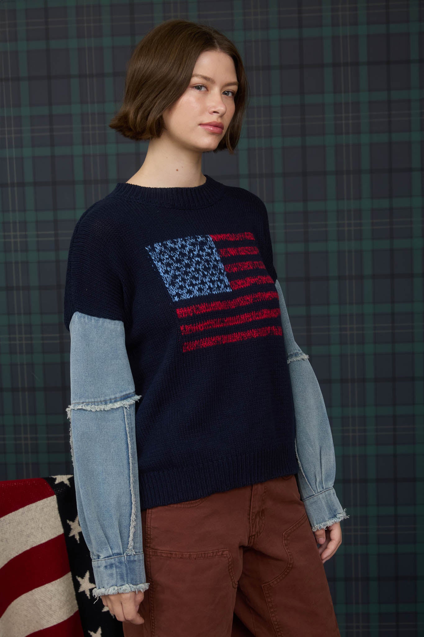 AMERICAN FLAG DISTRESSED DENIM SLEEVE KNIT SWEATER (PRE-ORDER)