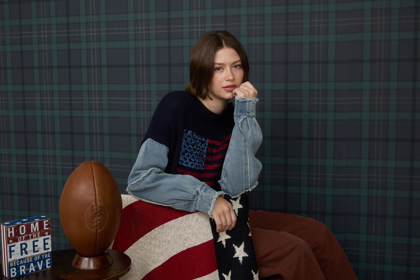 AMERICAN FLAG DISTRESSED DENIM SLEEVE KNIT SWEATER (PRE-ORDER)