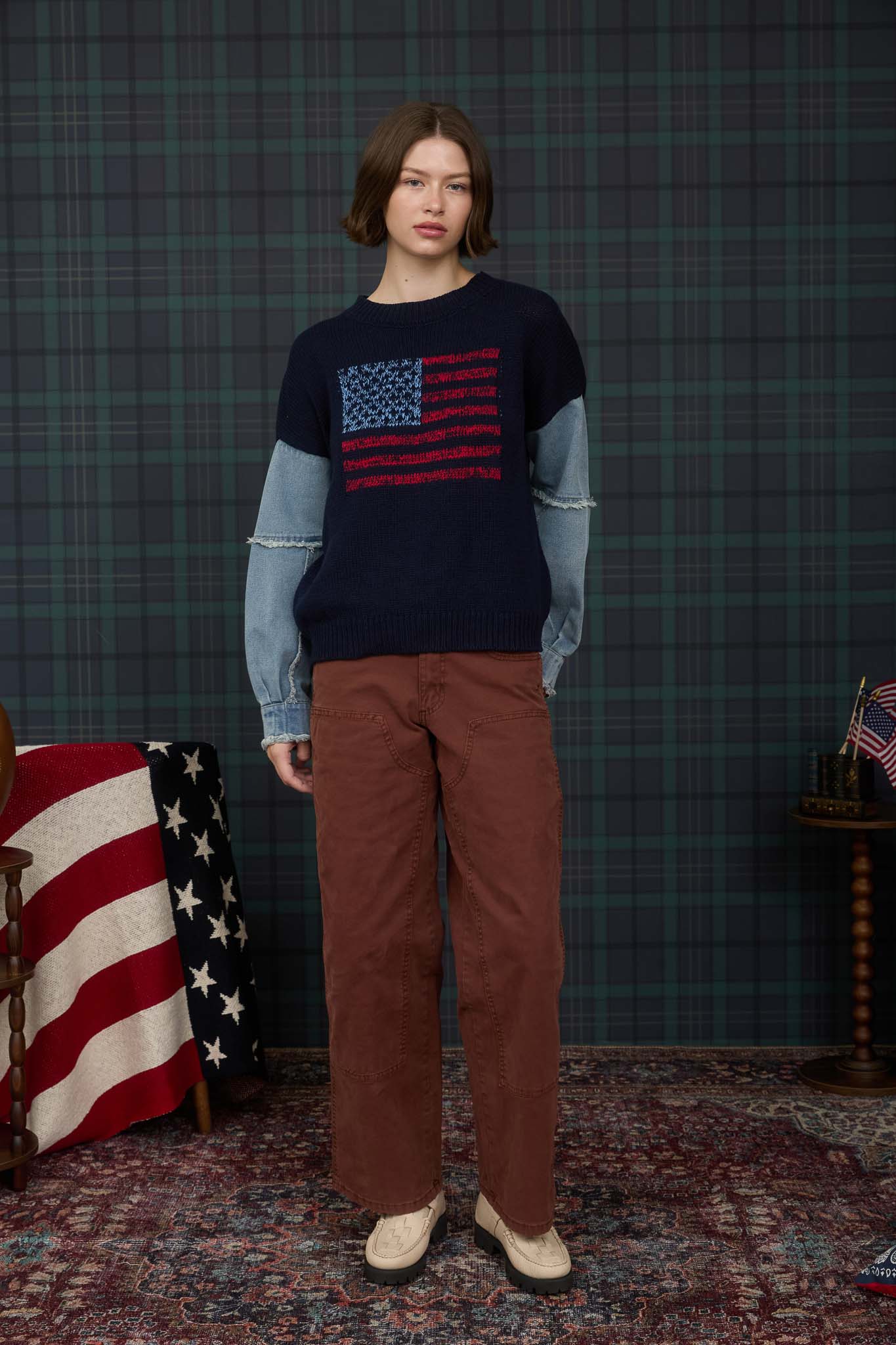 AMERICAN FLAG DISTRESSED DENIM SLEEVE KNIT SWEATER (PRE-ORDER)
