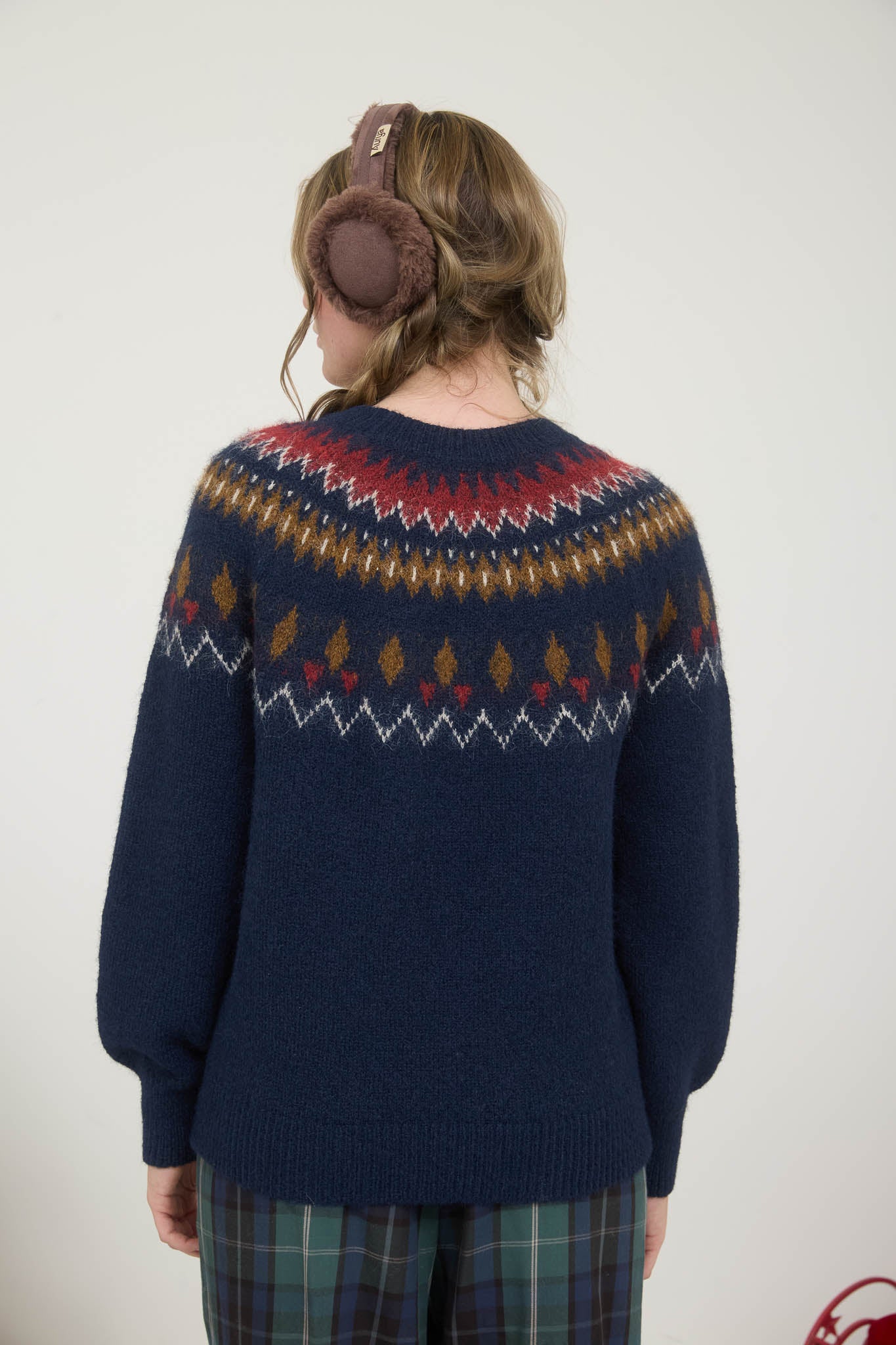 FUZZY FAIR ISLE CREW NECK KNIT PULLOVER SWEATER