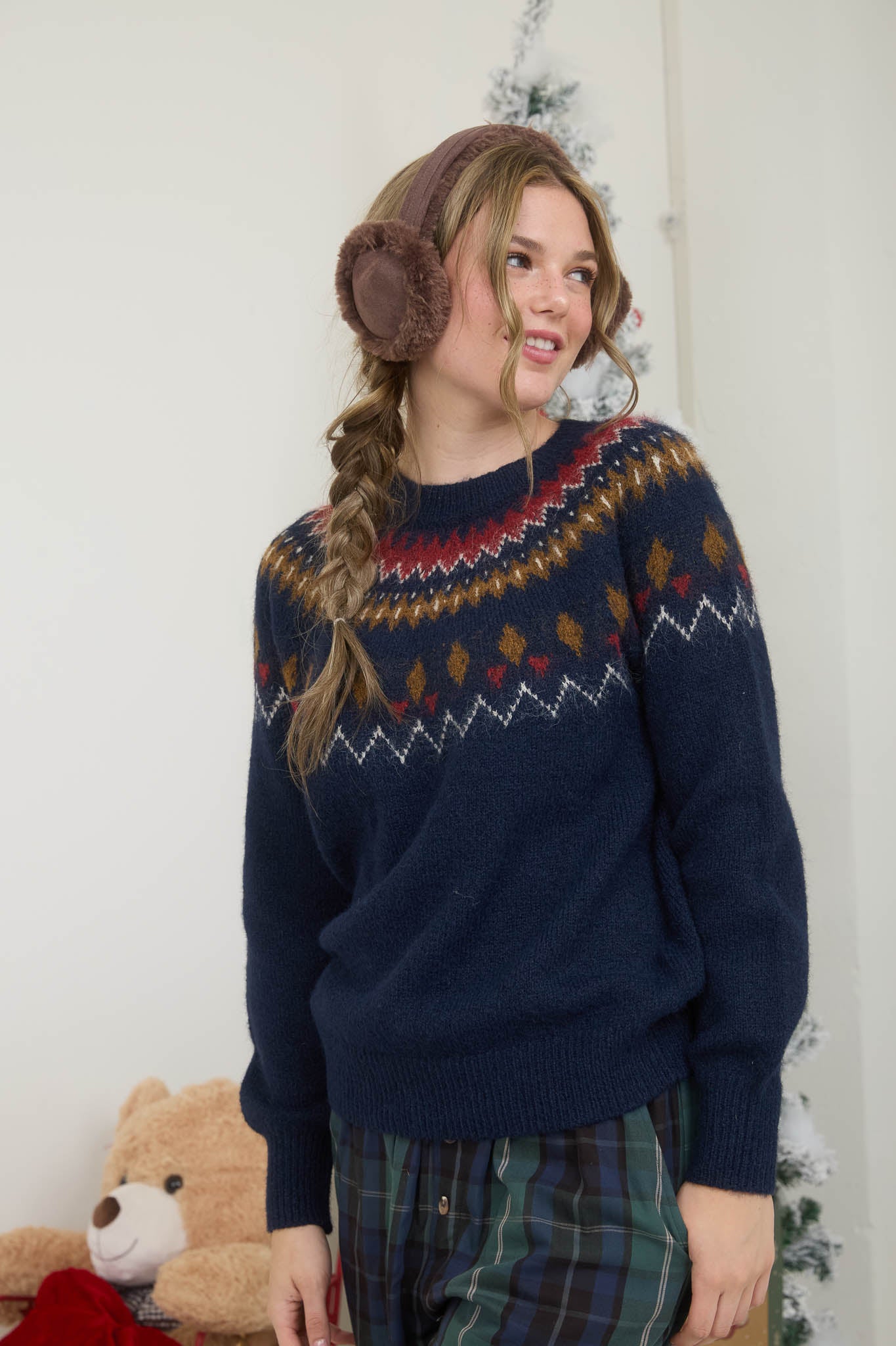 FUZZY FAIR ISLE CREW NECK KNIT PULLOVER SWEATER