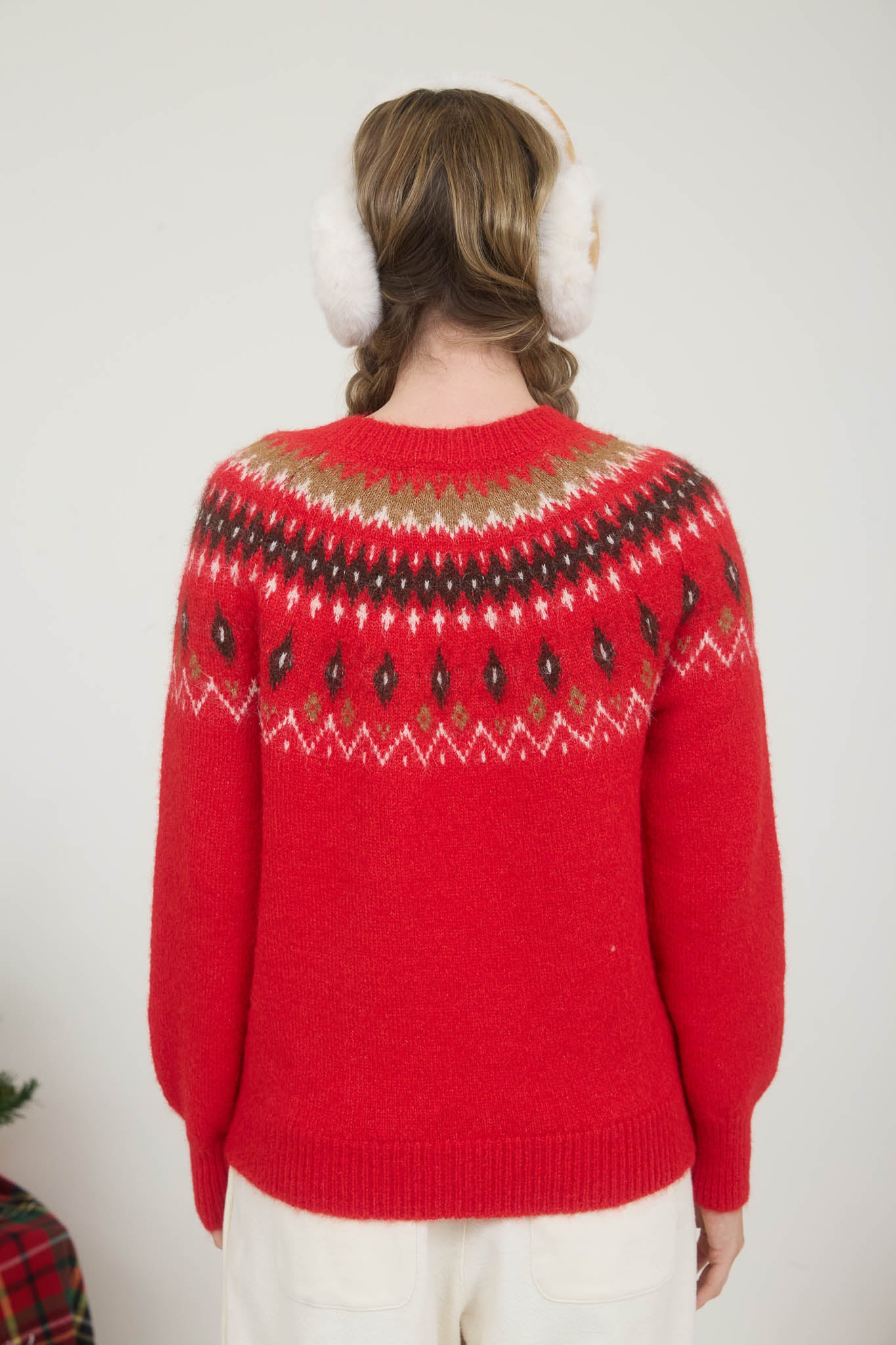 FUZZY FAIR ISLE CREW NECK KNIT PULLOVER SWEATER