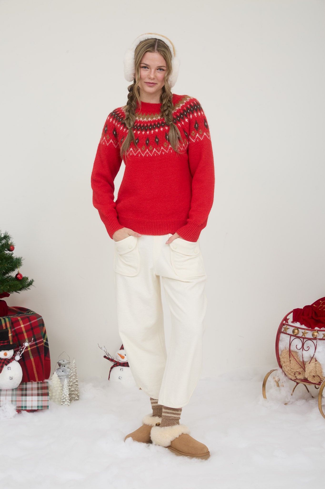 FUZZY FAIR ISLE CREW NECK KNIT PULLOVER SWEATER
