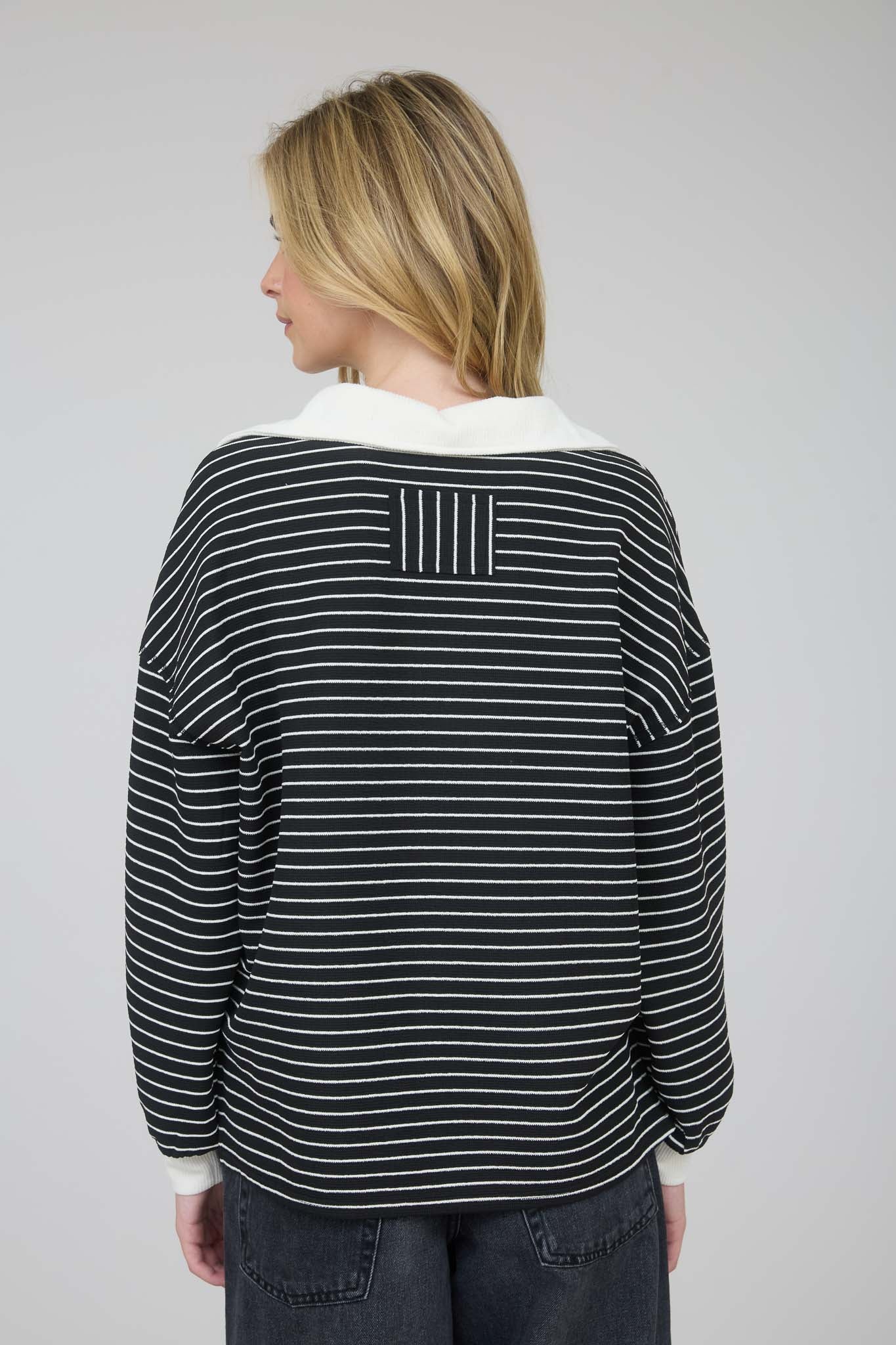 CONTRAST COLLAR STRIPE LONG SLEEVE KNIT TOP