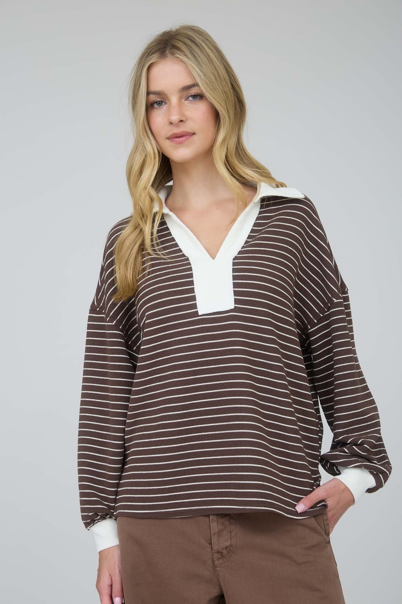 CONTRAST COLLAR STRIPE LONG SLEEVE KNIT TOP