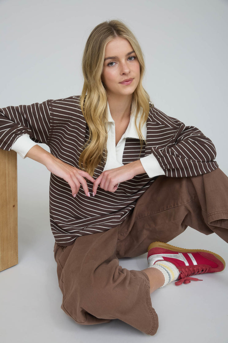 CONTRAST COLLAR STRIPE LONG SLEEVE KNIT TOP