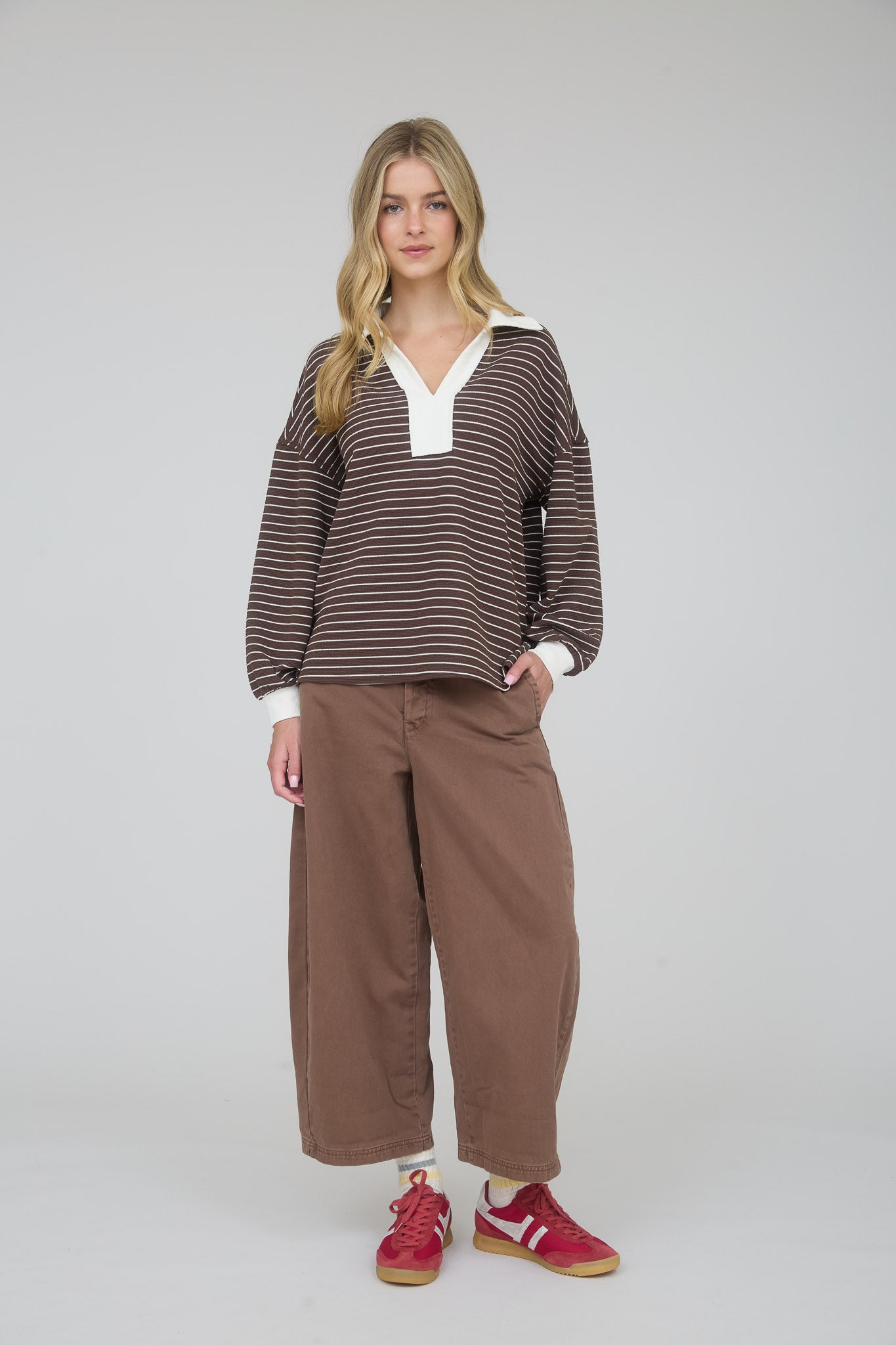 CONTRAST COLLAR STRIPE LONG SLEEVE KNIT TOP