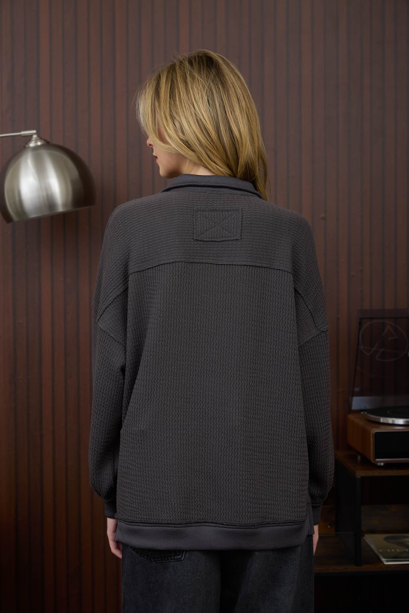 HALF ZIP COLLARED LONG SLEEVE WAFFLE KNIT TOP(PRE-ORDER)