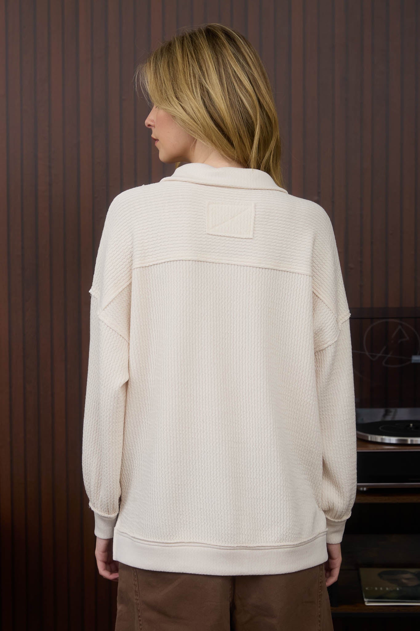 HALF ZIP COLLARED LONG SLEEVE WAFFLE KNIT TOP(PRE-ORDER)