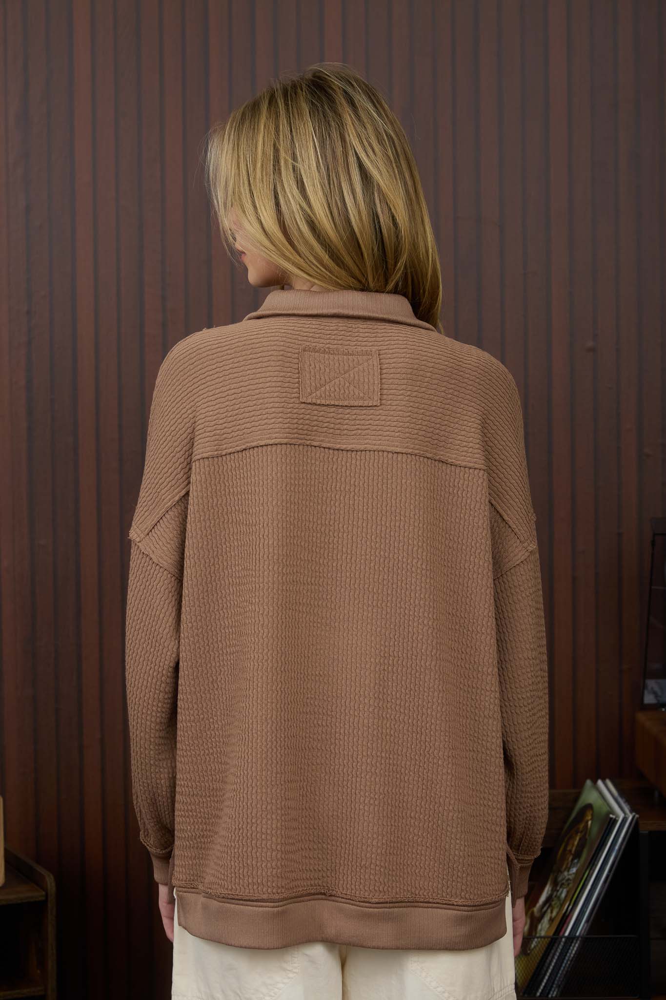 HALF ZIP COLLARED LONG SLEEVE WAFFLE KNIT TOP(PRE-ORDER)