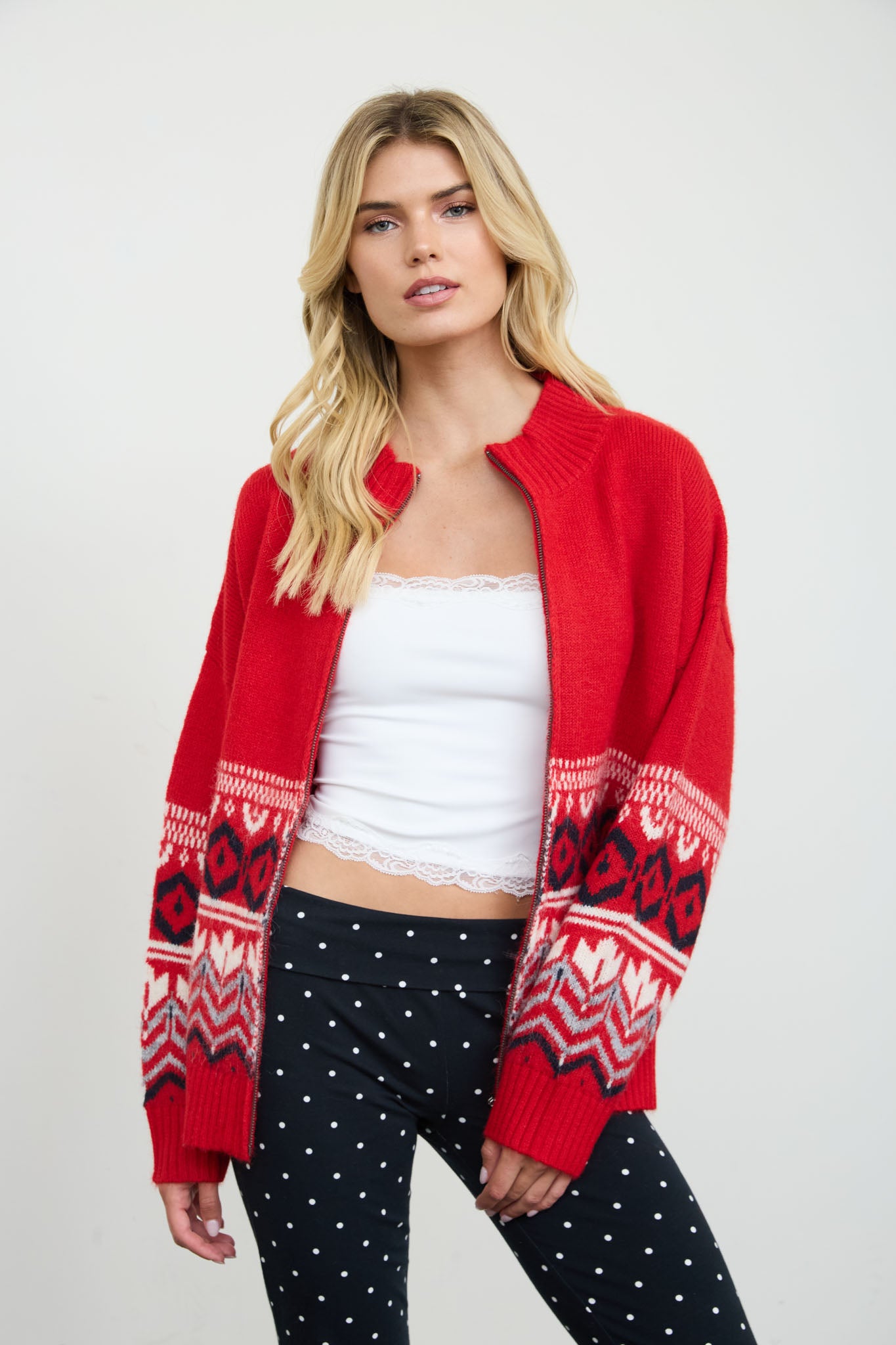 FAIR ISLE ZIP FRONT KNIT CARDIGAN