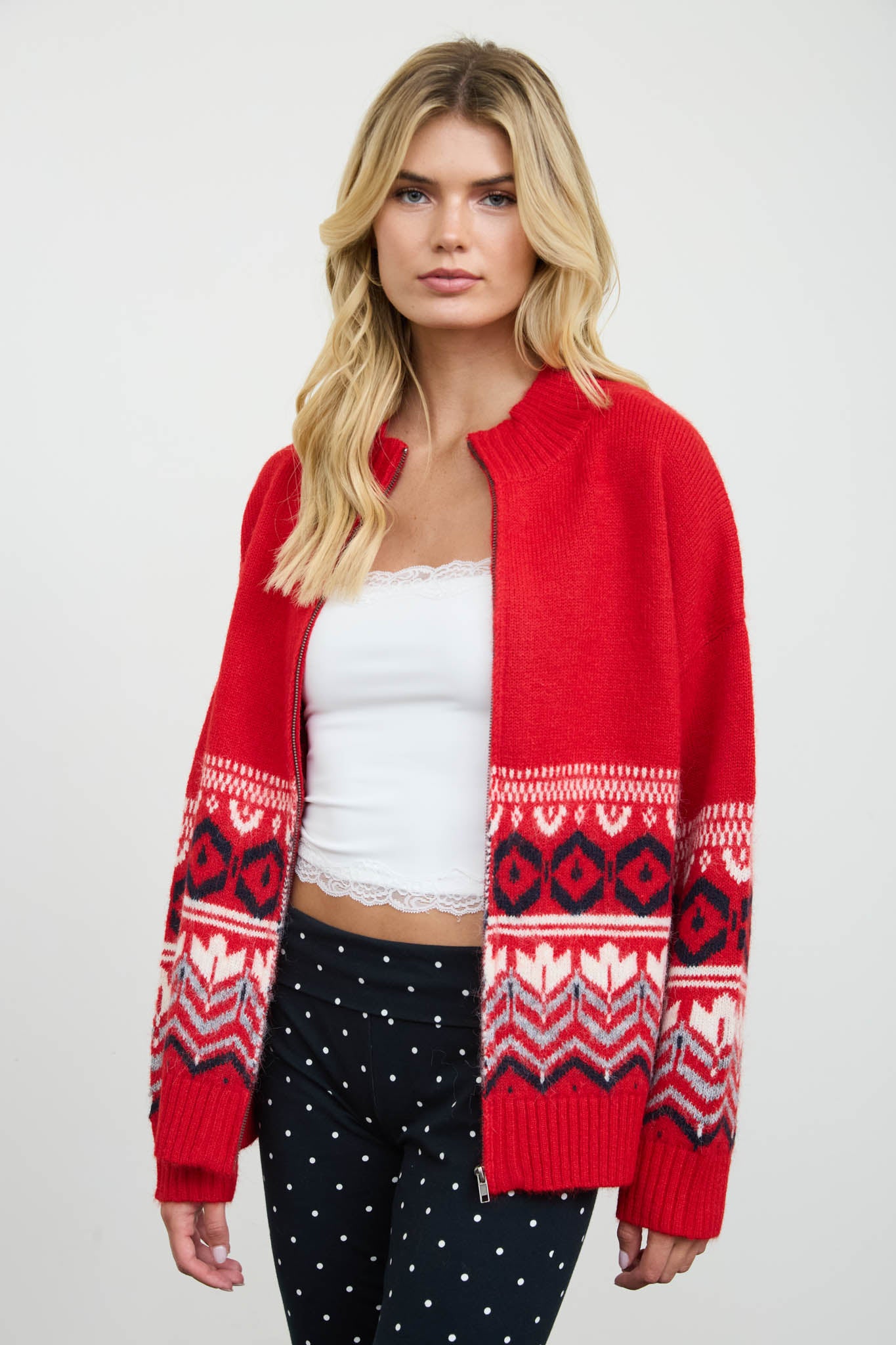 FAIR ISLE ZIP FRONT KNIT CARDIGAN
