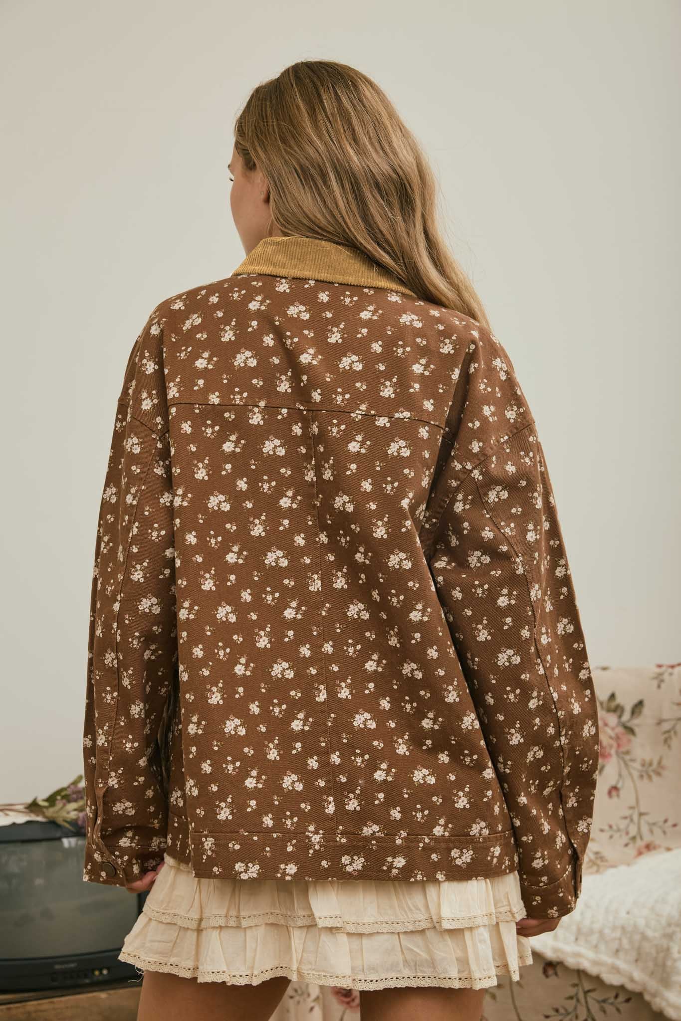 FLORAL CORDUROY COLLAR BUTTON DOWN DENIM JACKET (PRE-ORDER)