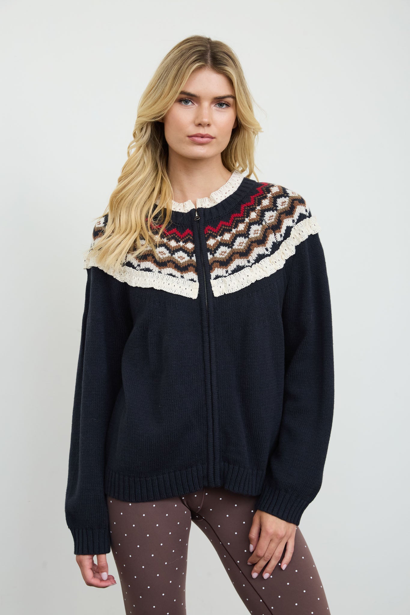 FAIR ISLE RUFFLE TRIM ZIP KNIT JACKET