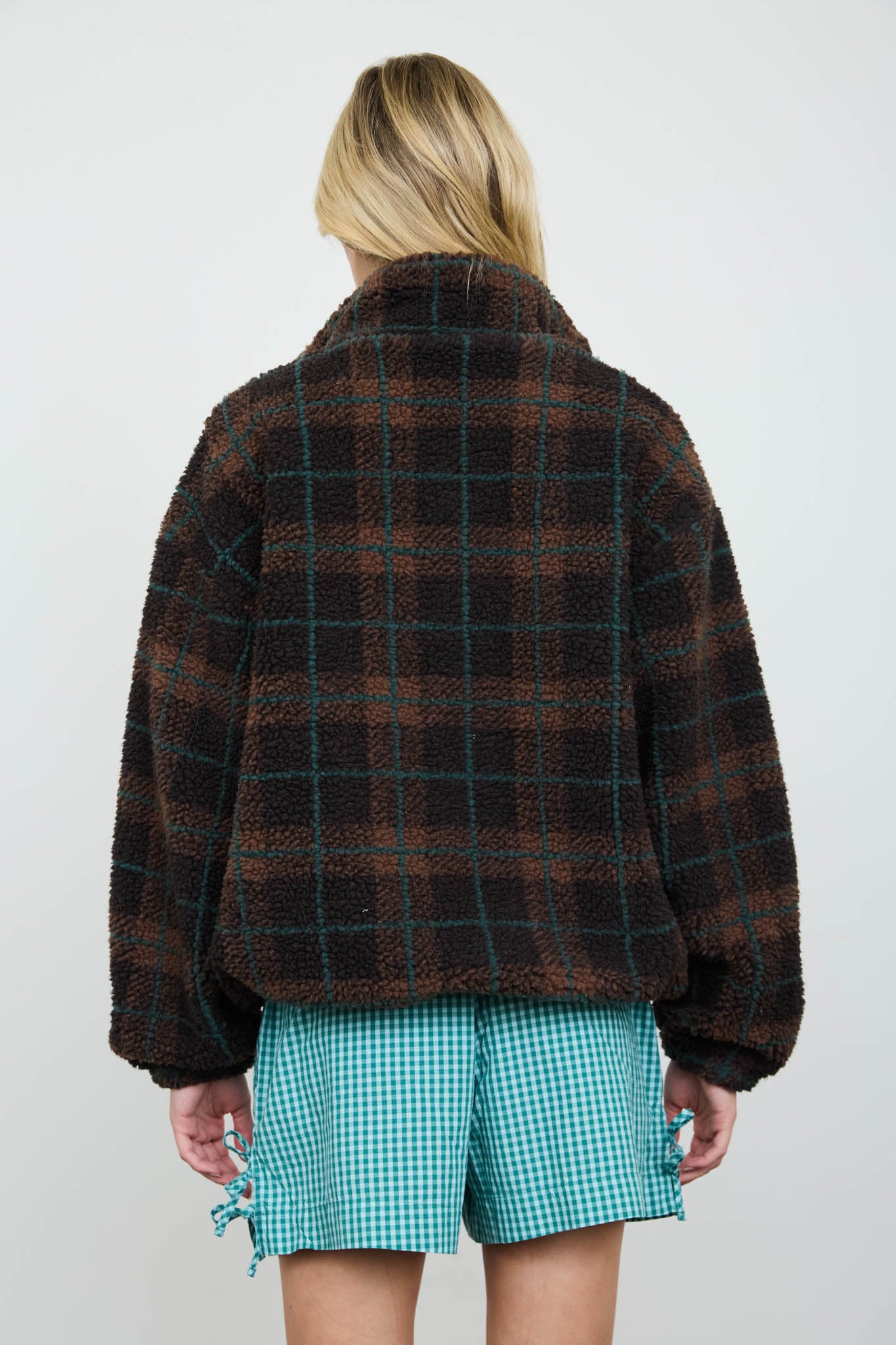 PLAID SHERPA MOCK NECK ZIP-UP JACKET
