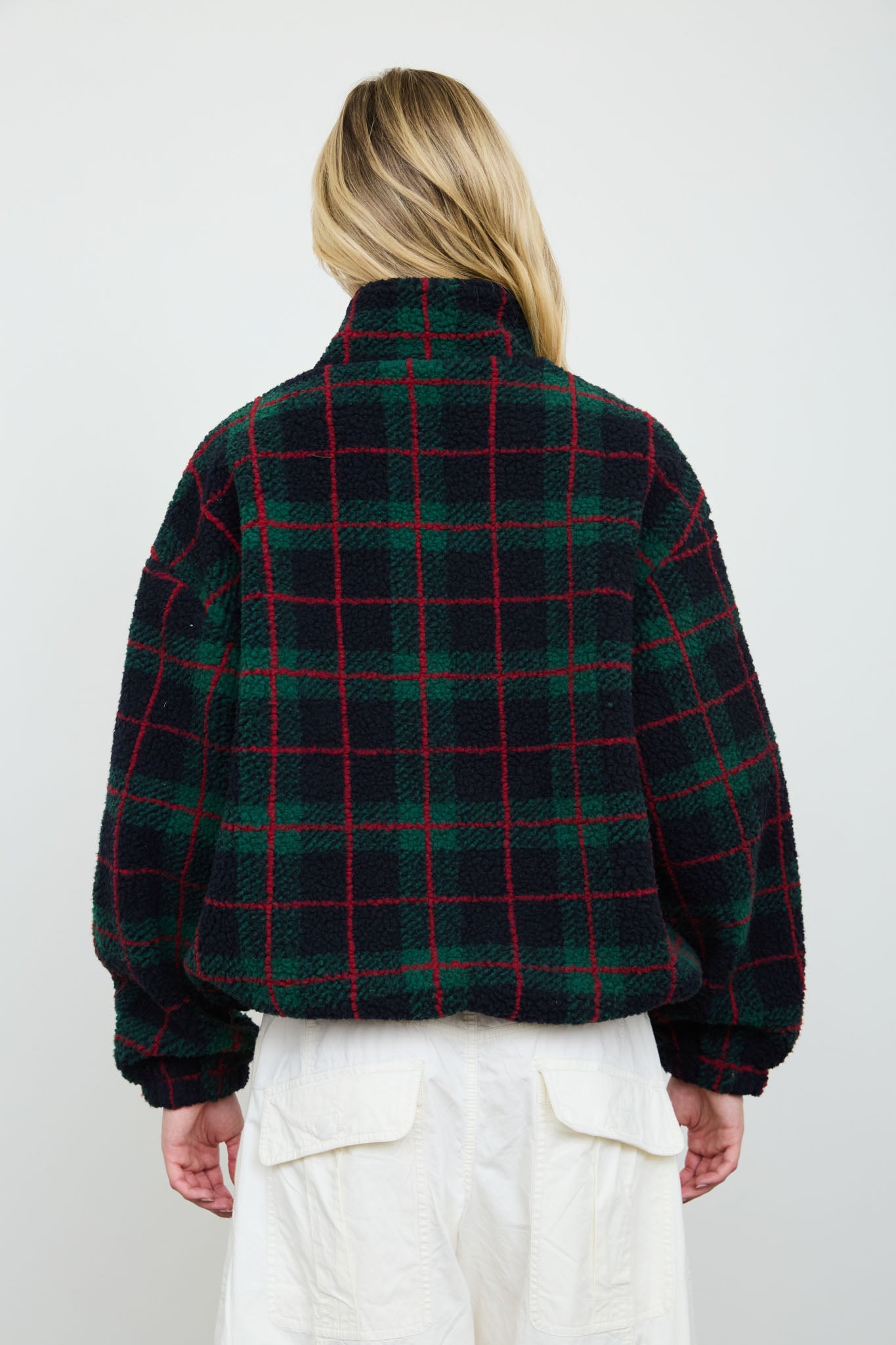 PLAID SHERPA MOCK NECK ZIP-UP JACKET