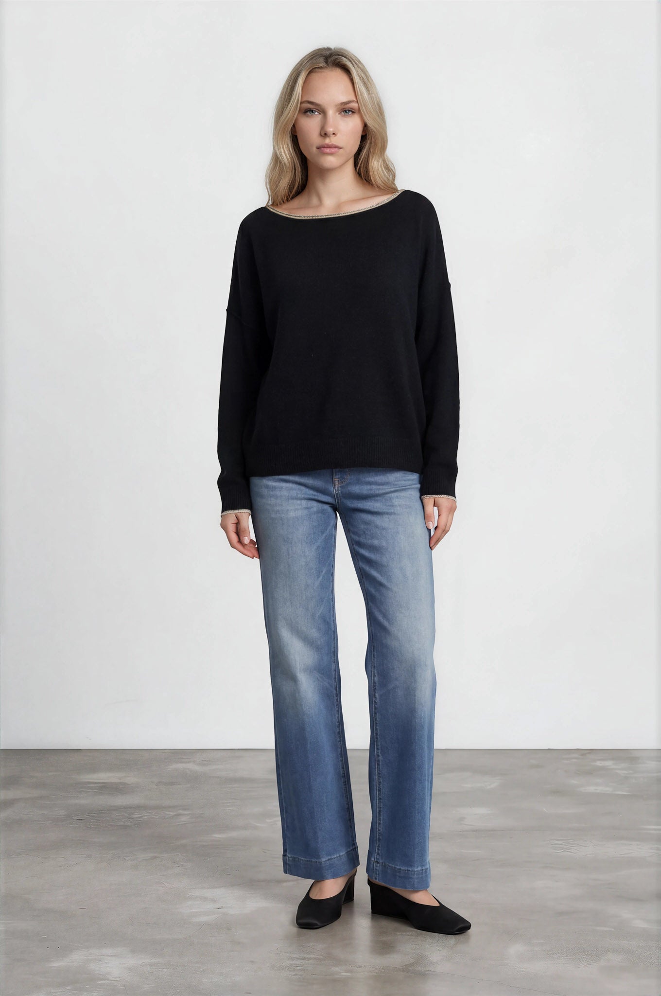 CONTRAST TRIM OFF SHOULDER LONG SLEEVE SWEATER