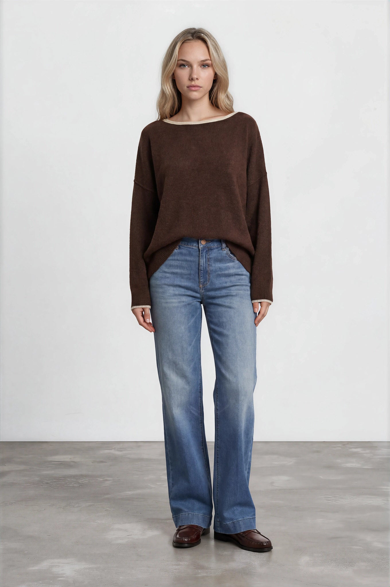 CONTRAST TRIM OFF SHOULDER LONG SLEEVE SWEATER