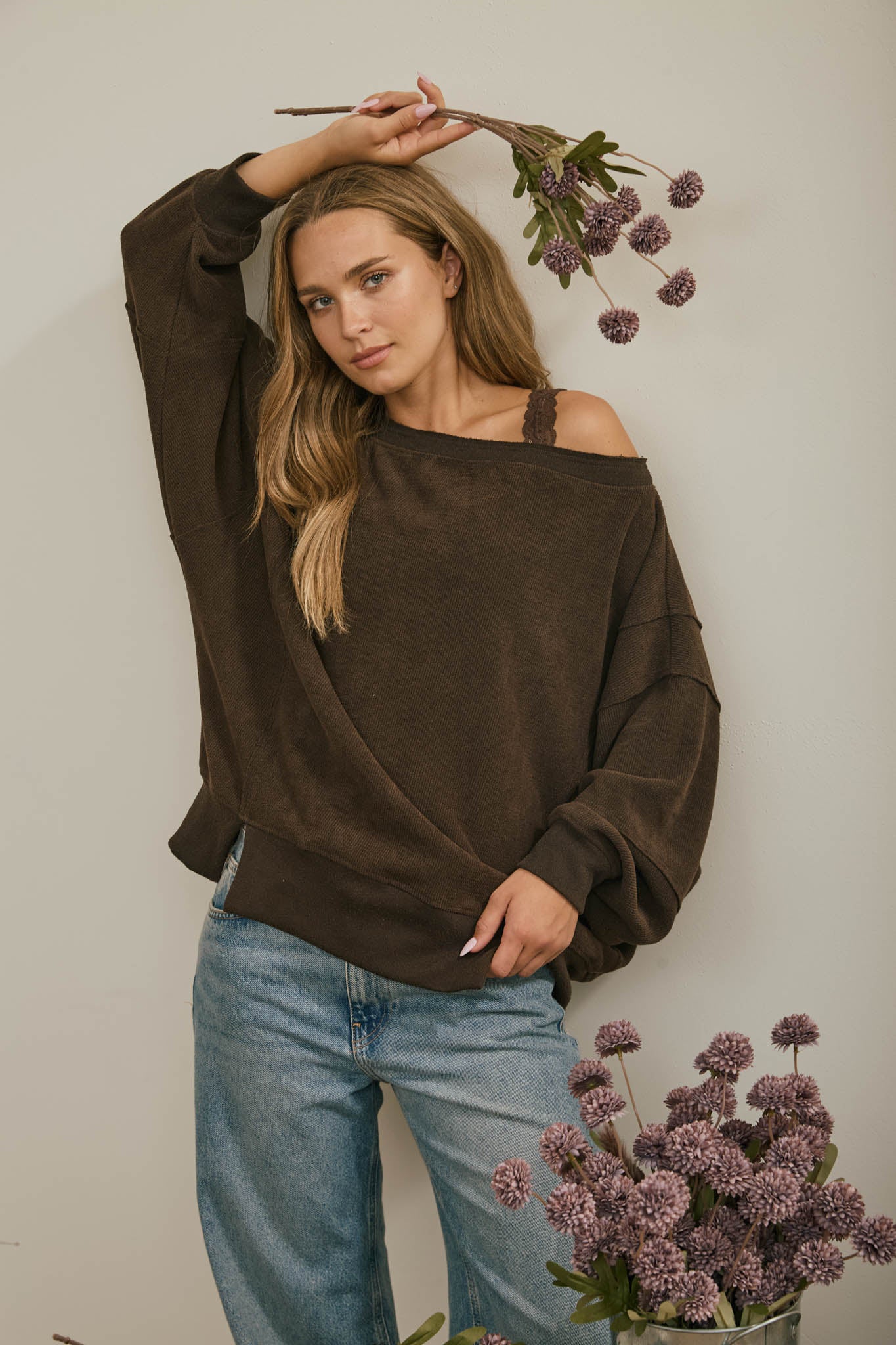 TIERED SLEEVE BOAT NECK EXPOSED SEAM KNIT TOP (PRE-ORDER)