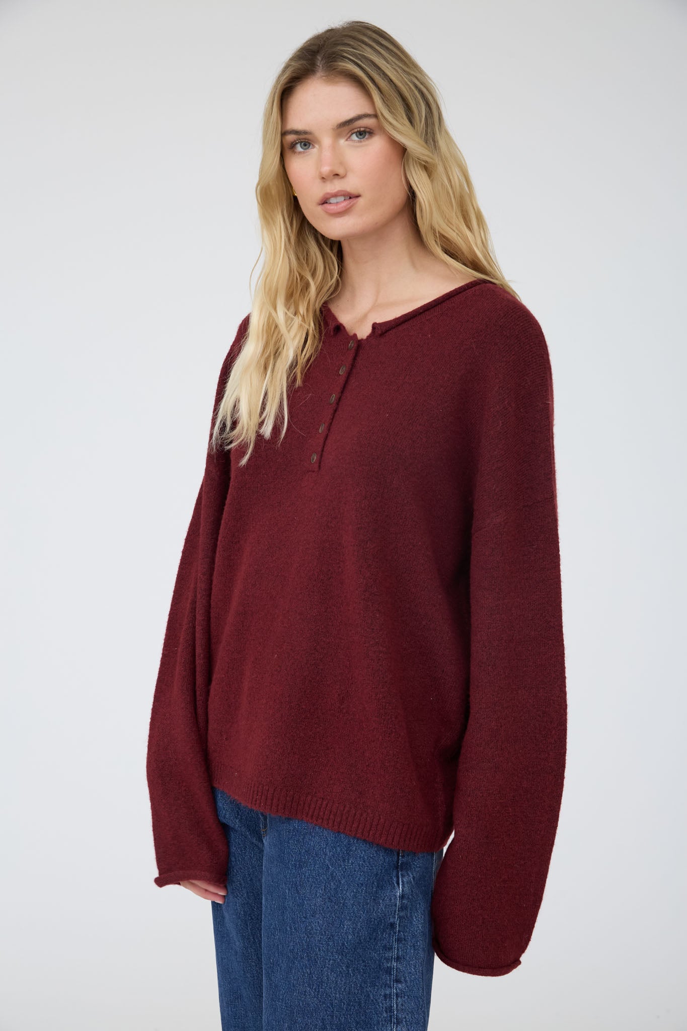 RAW ROLLED EDGE HENLEY RELAXED PULLOVER SWEATER (PRE-ORDER)