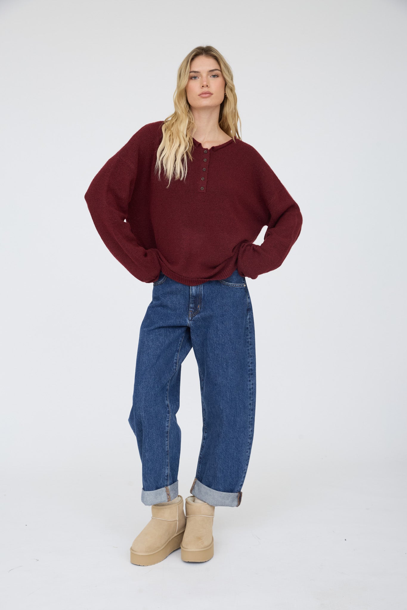 RAW ROLLED EDGE HENLEY RELAXED PULLOVER SWEATER (PRE-ORDER)