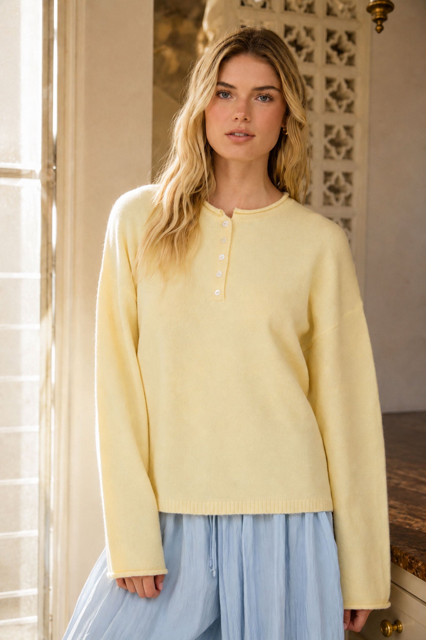 RAW ROLLED EDGE HENLEY RELAXED PULLOVER SWEATER (PRE-ORDER)