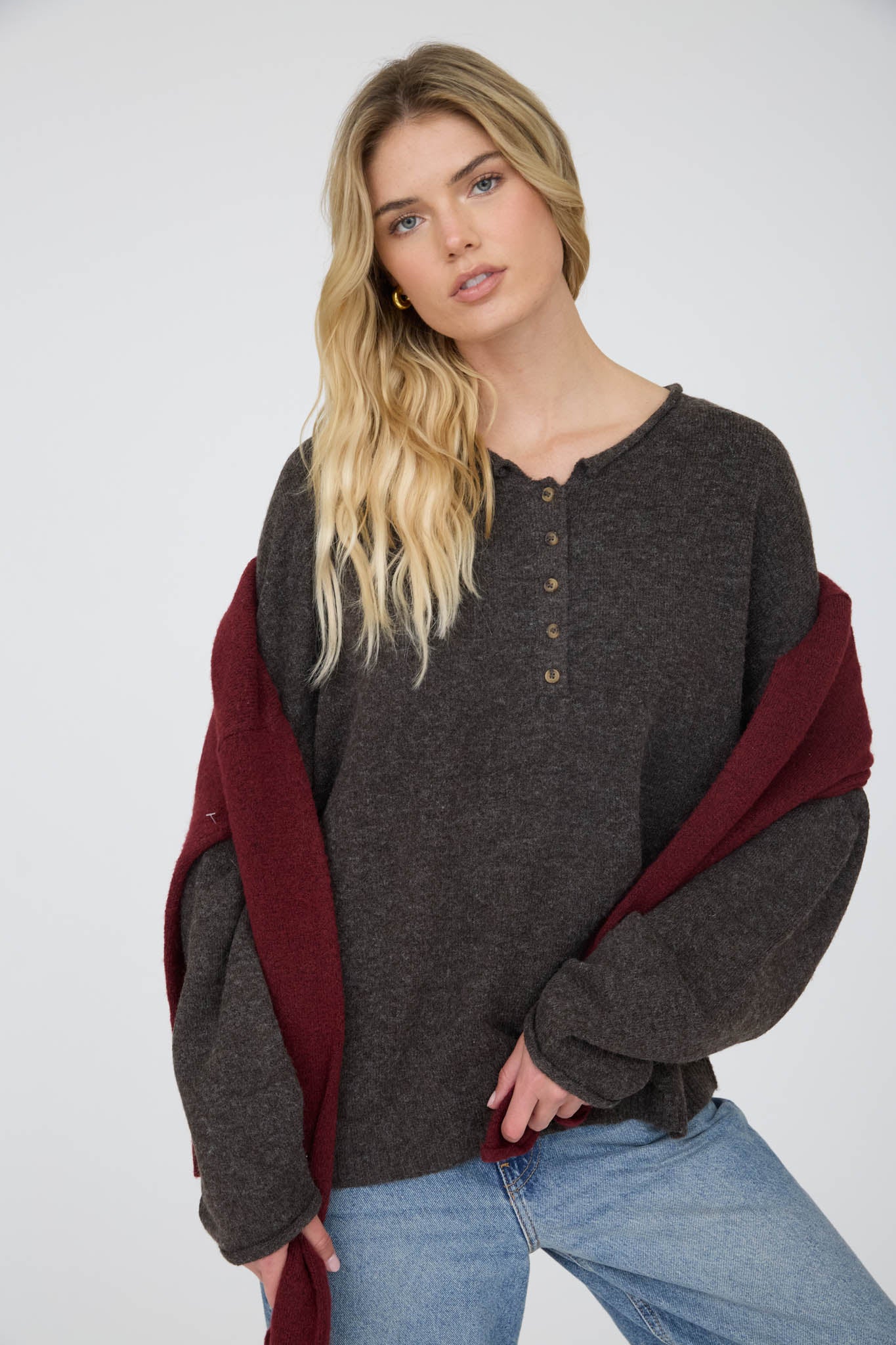 RAW ROLLED EDGE HENLEY RELAXED PULLOVER SWEATER (PRE-ORDER)