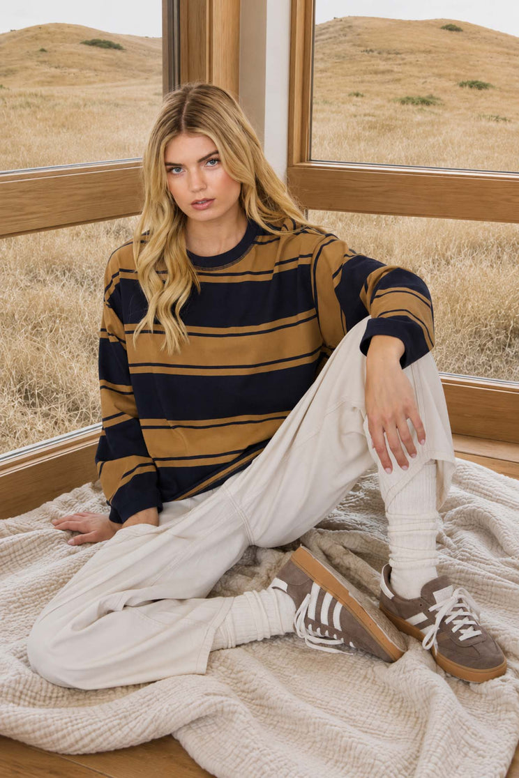 WIDE STRIPE CREW NECK LONG SLEEVE KNIT SWEATSHIRT (PRE-ORDER)