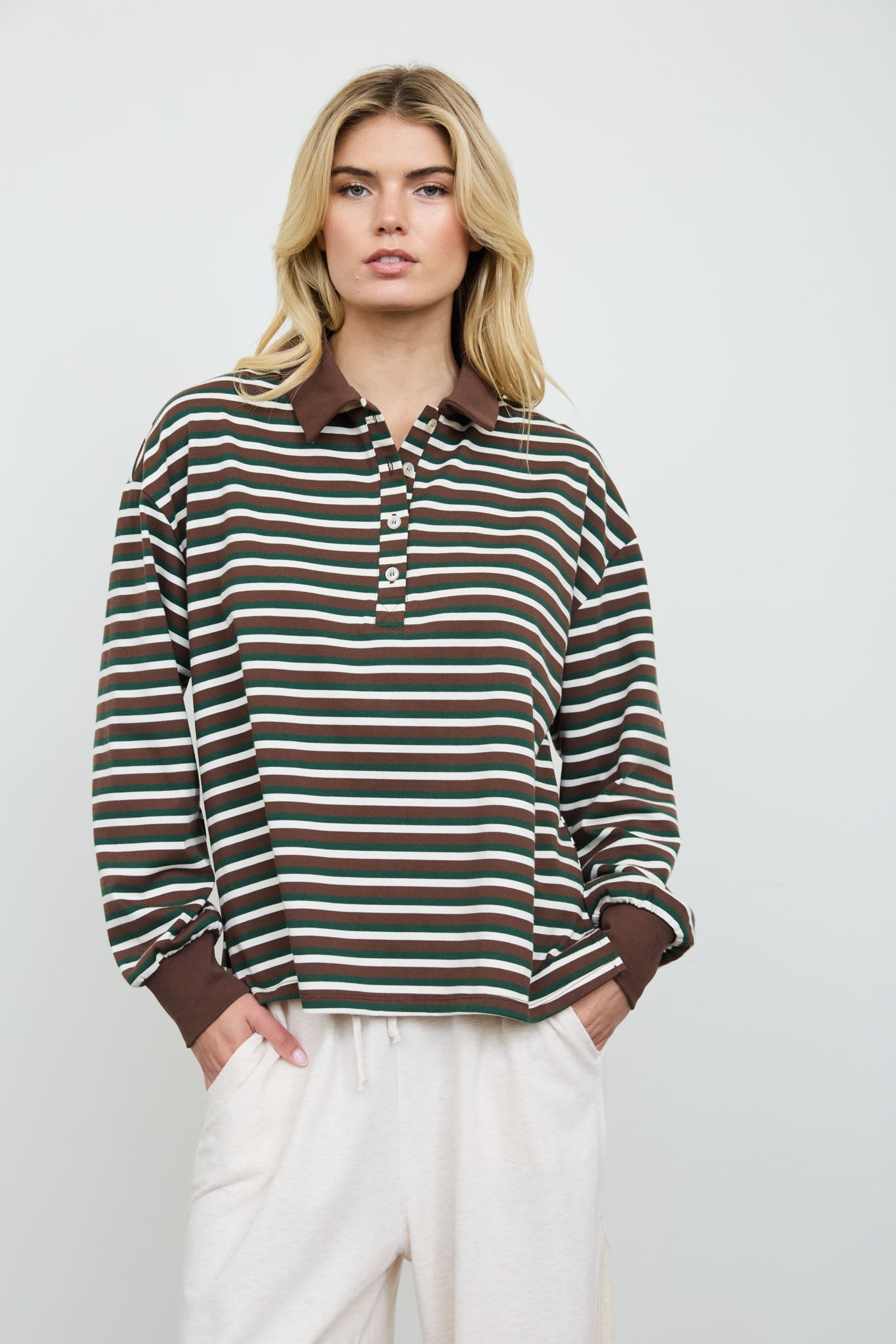 WIDE STRIPED POLO COLLAR LONG SLEEVE KNIT TOP (PRE-ORDER)