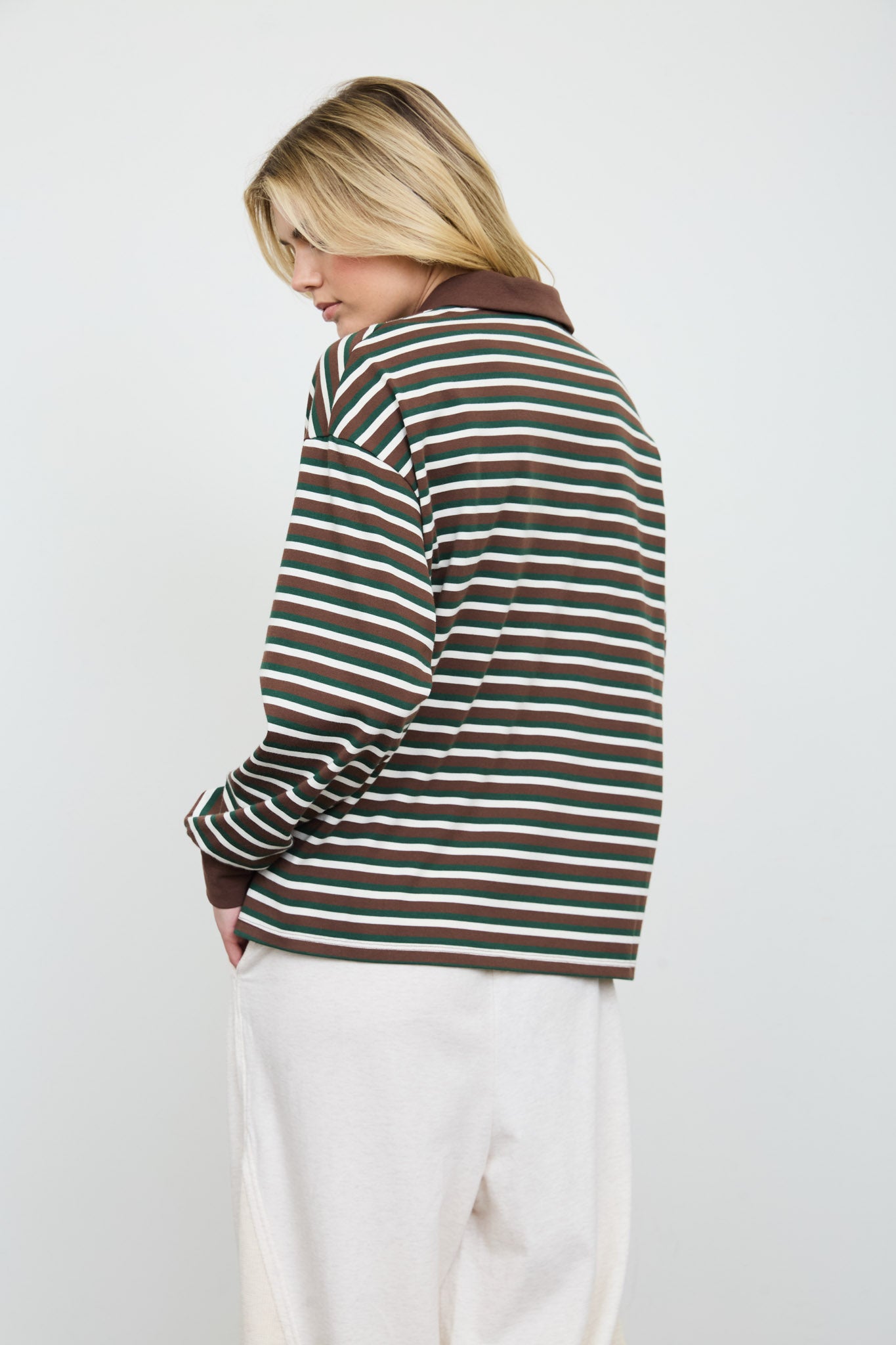 WIDE STRIPED POLO COLLAR LONG SLEEVE KNIT TOP (PRE-ORDER)