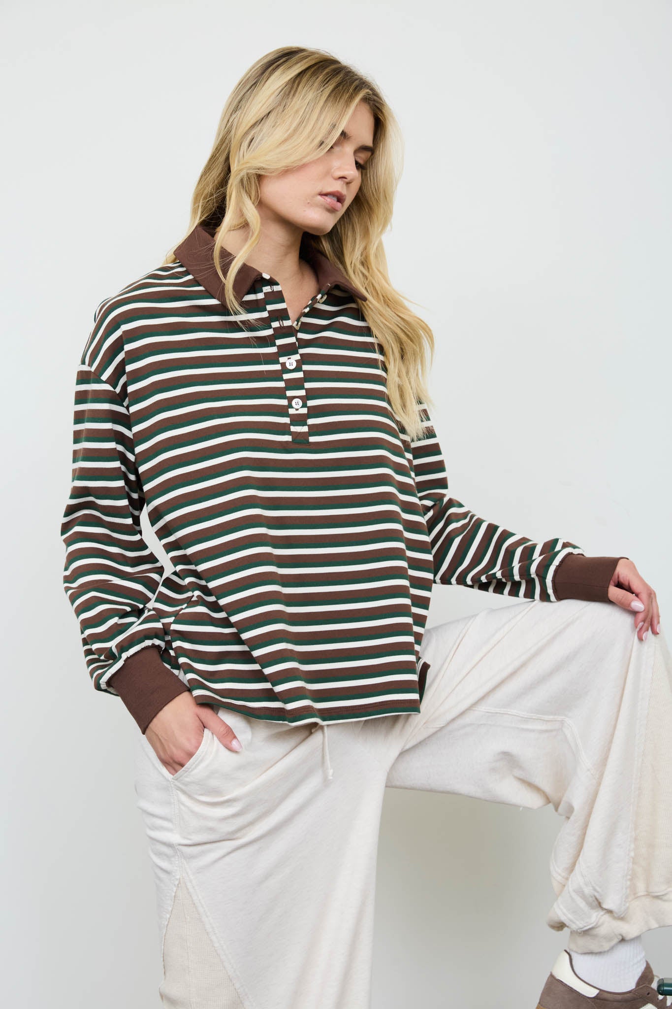WIDE STRIPED POLO COLLAR LONG SLEEVE KNIT TOP (PRE-ORDER)
