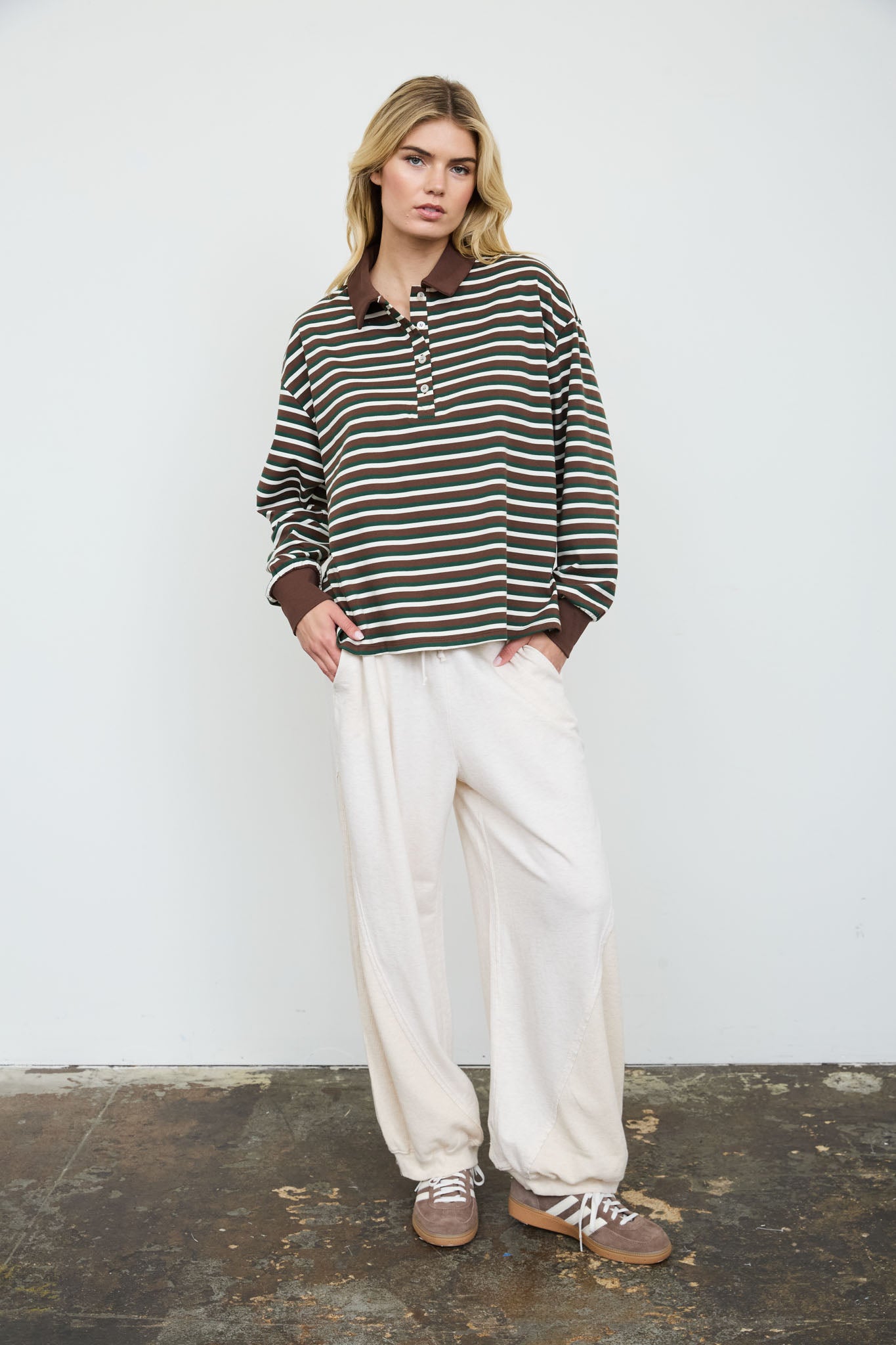 WIDE STRIPED POLO COLLAR LONG SLEEVE KNIT TOP (PRE-ORDER)