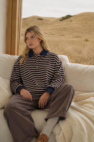 WIDE STRIPED POLO COLLAR LONG SLEEVE KNIT TOP (PRE-ORDER)