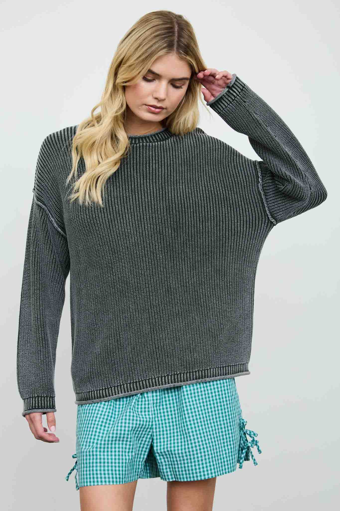 WASHED RAW EDGE DROP SHOULDER SWEATER
