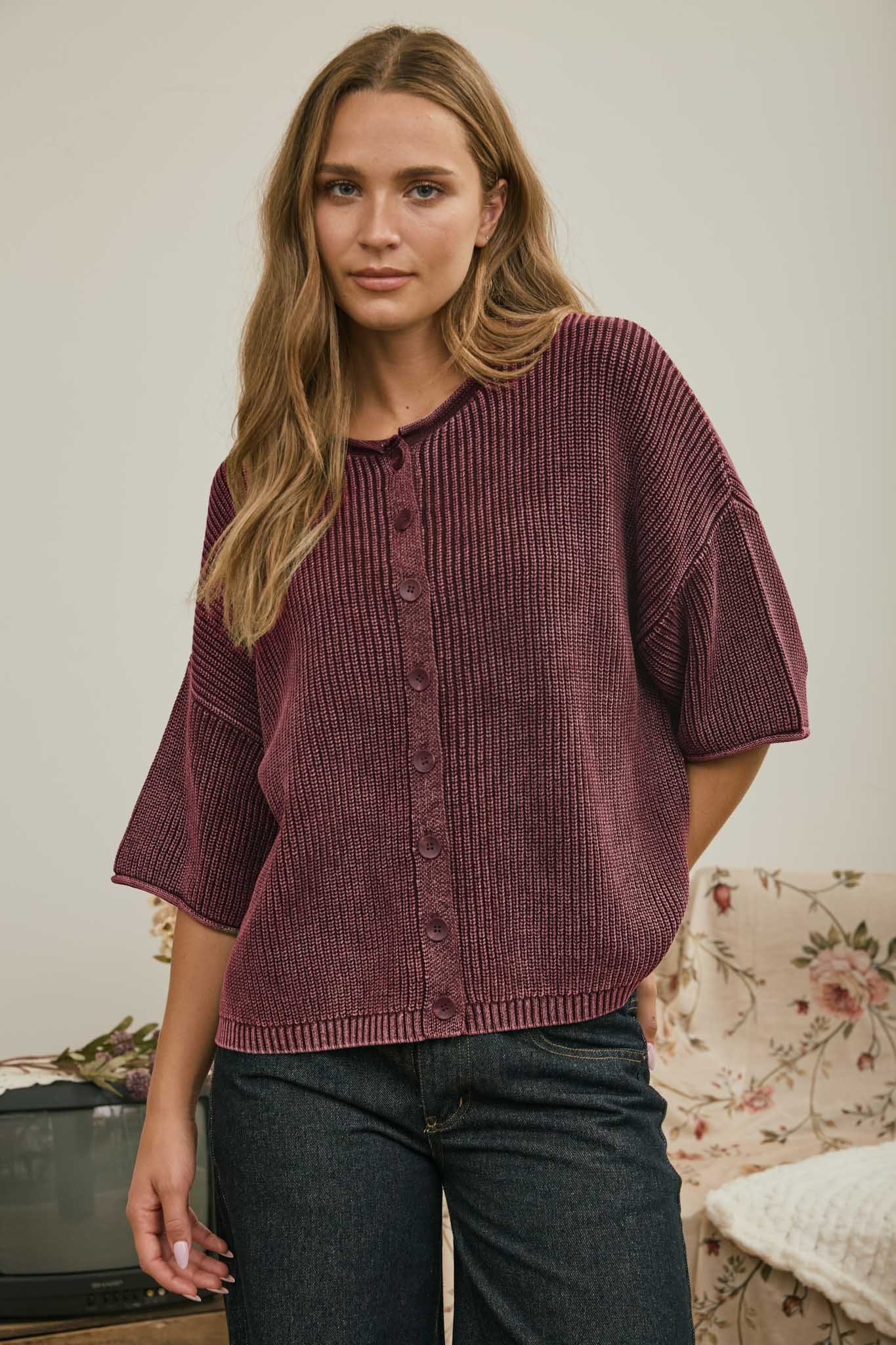 WASHED RIBBED SHORT SLEEVE ROLLED EDGE CARDIGAN