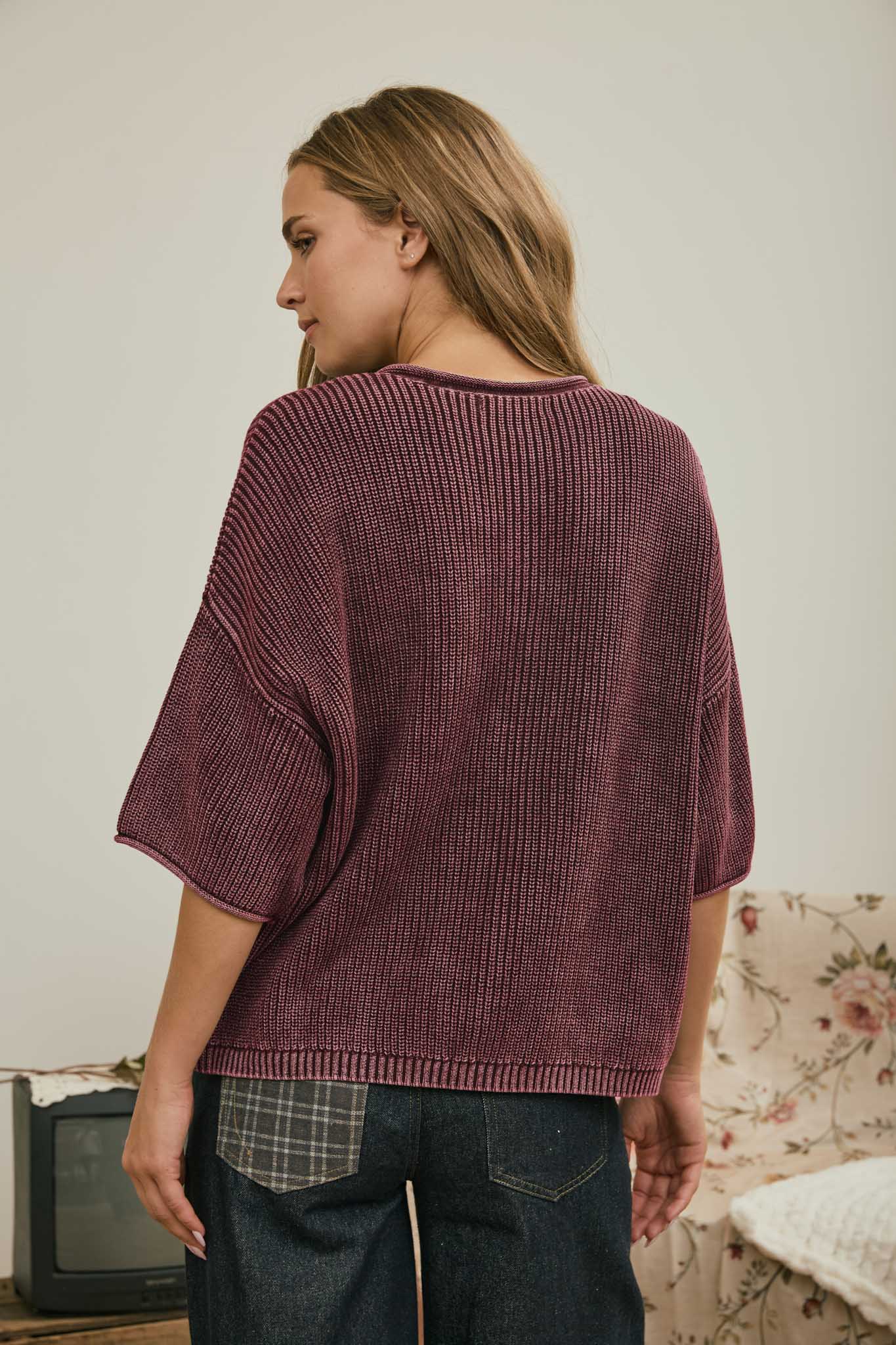 WASHED RIBBED SHORT SLEEVE ROLLED EDGE CARDIGAN