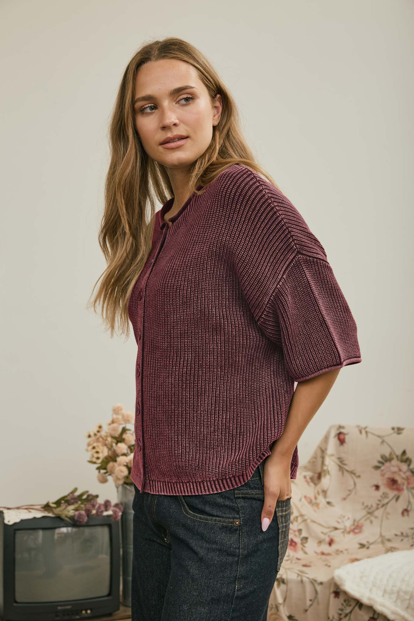 WASHED RIBBED SHORT SLEEVE ROLLED EDGE CARDIGAN